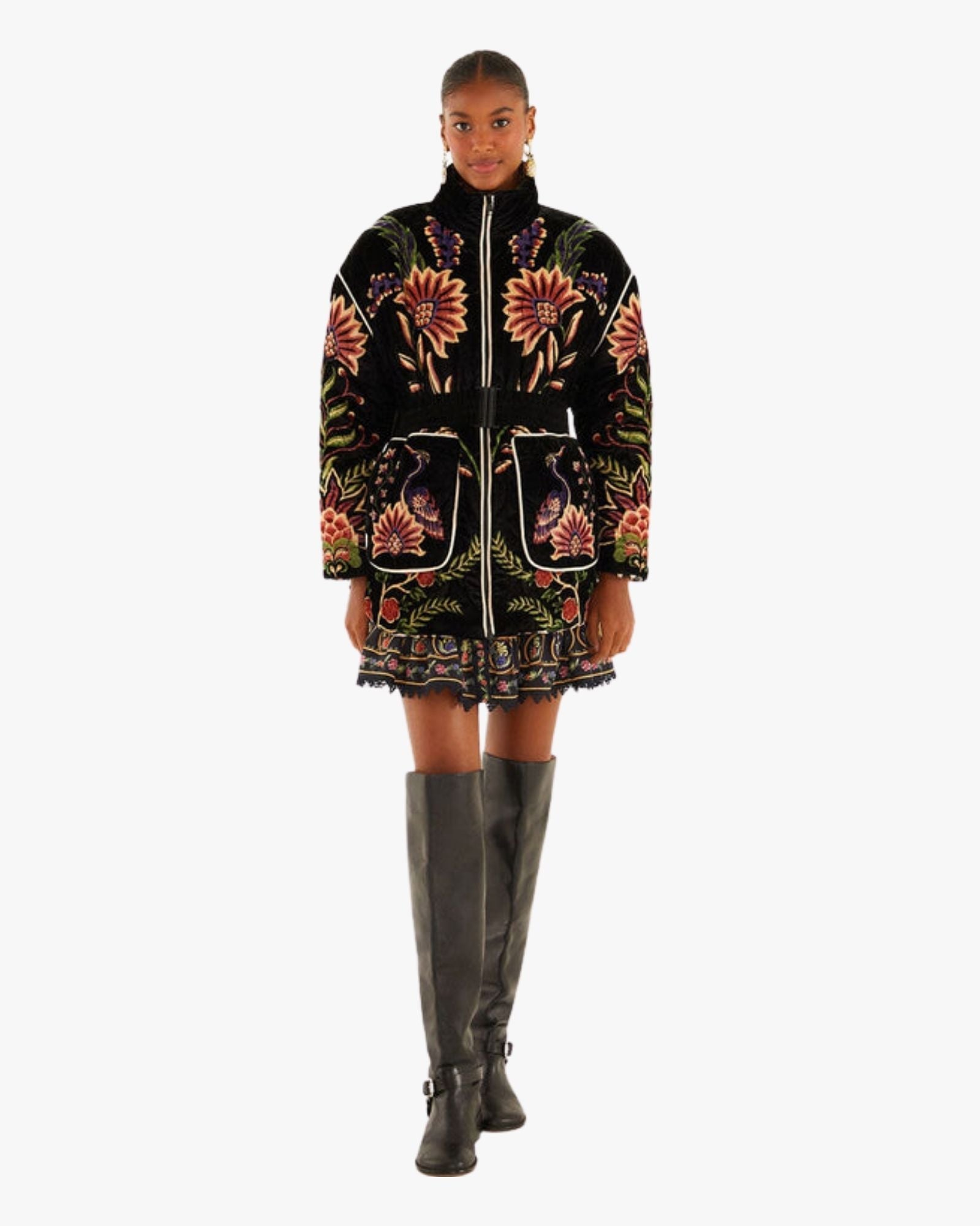 Black Marvelous Garden Embroidered Velvet Puffer Jacket with Belt