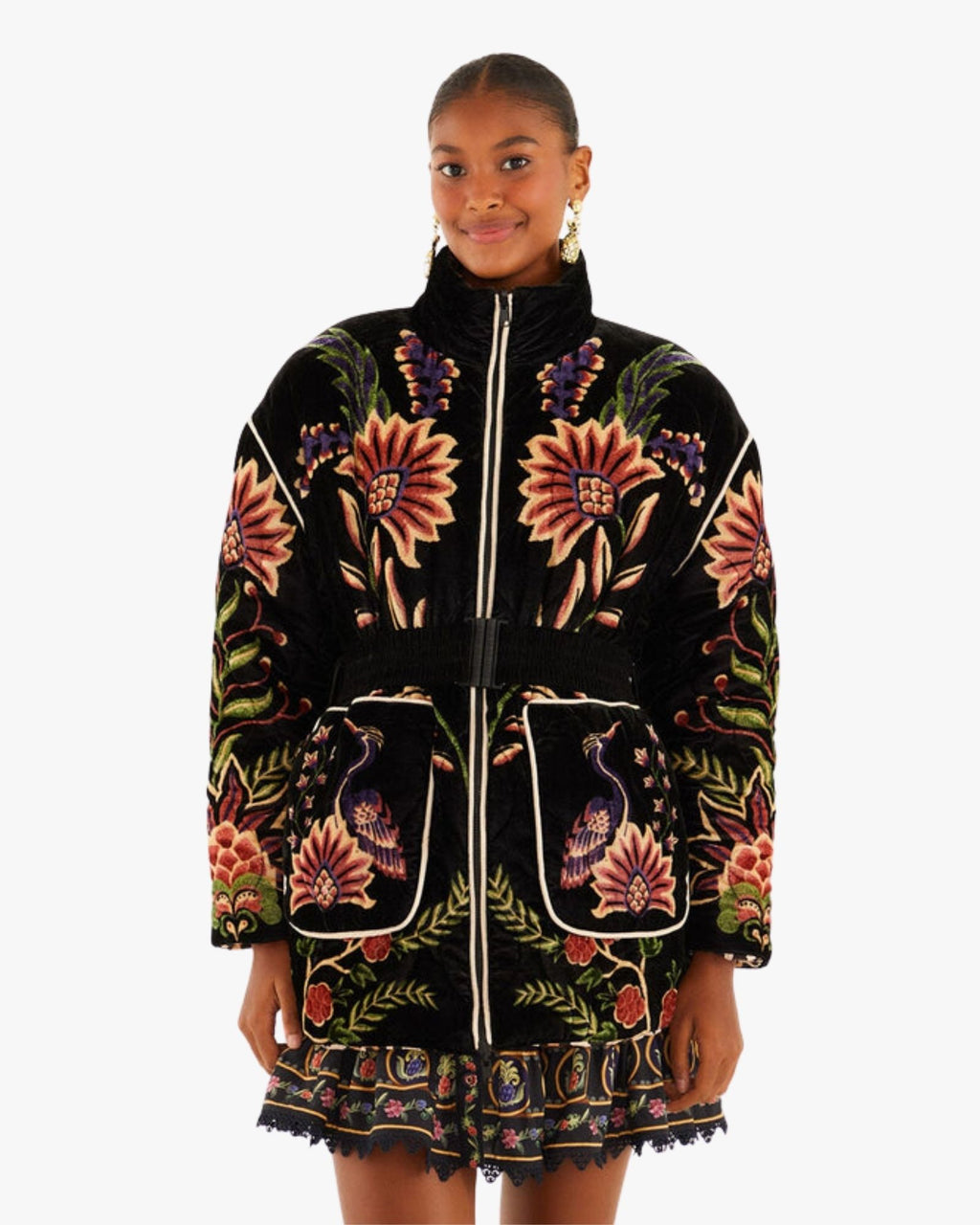 Black Marvelous Garden Embroidered Velvet Puffer Jacket with Belt