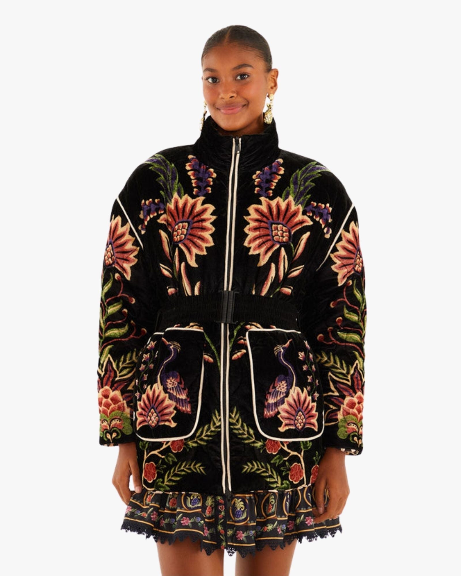 Black Marvelous Garden Embroidered Velvet Puffer Jacket with Belt