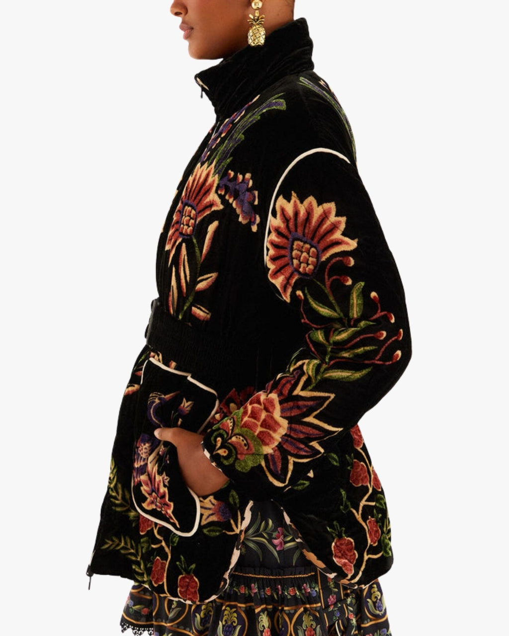 Black Marvelous Garden Embroidered Velvet Puffer Jacket with Belt