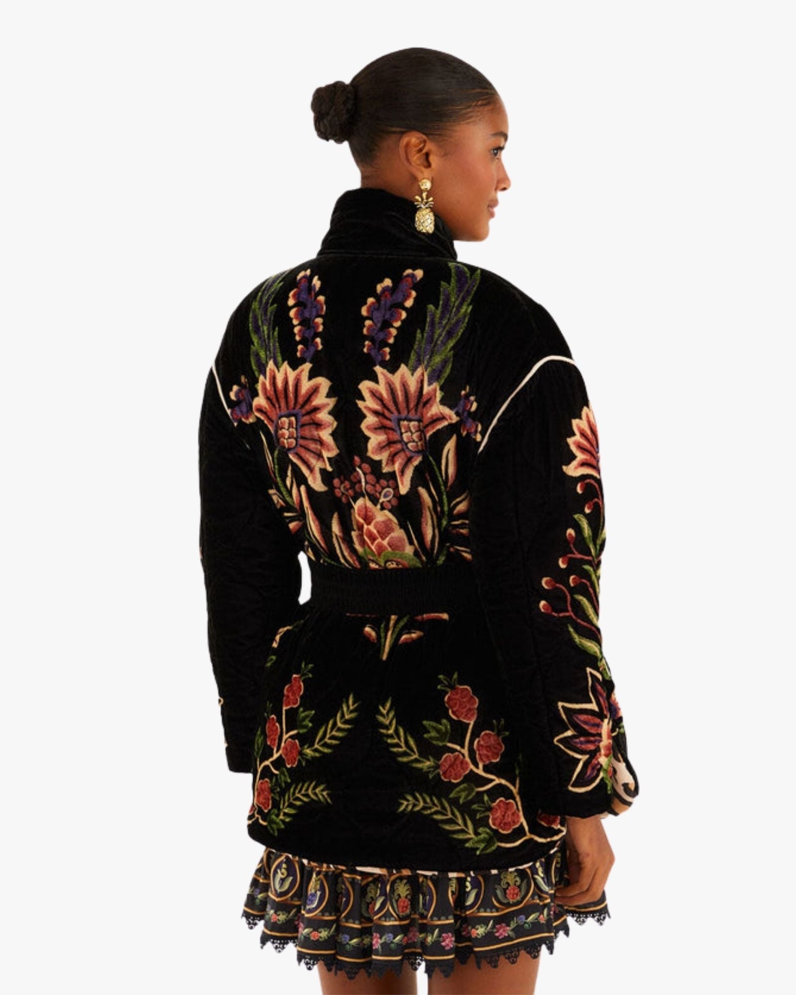 Black Marvelous Garden Embroidered Velvet Puffer Jacket with Belt