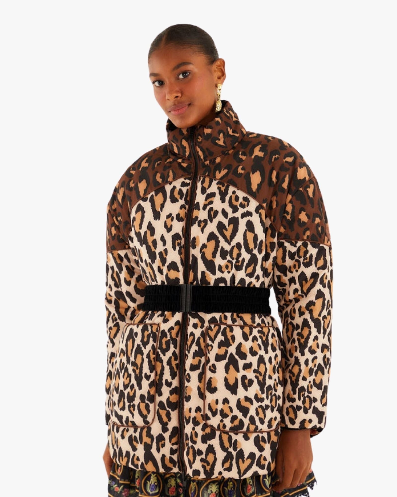 Black Marvelous Garden Embroidered Velvet Puffer Jacket with Belt