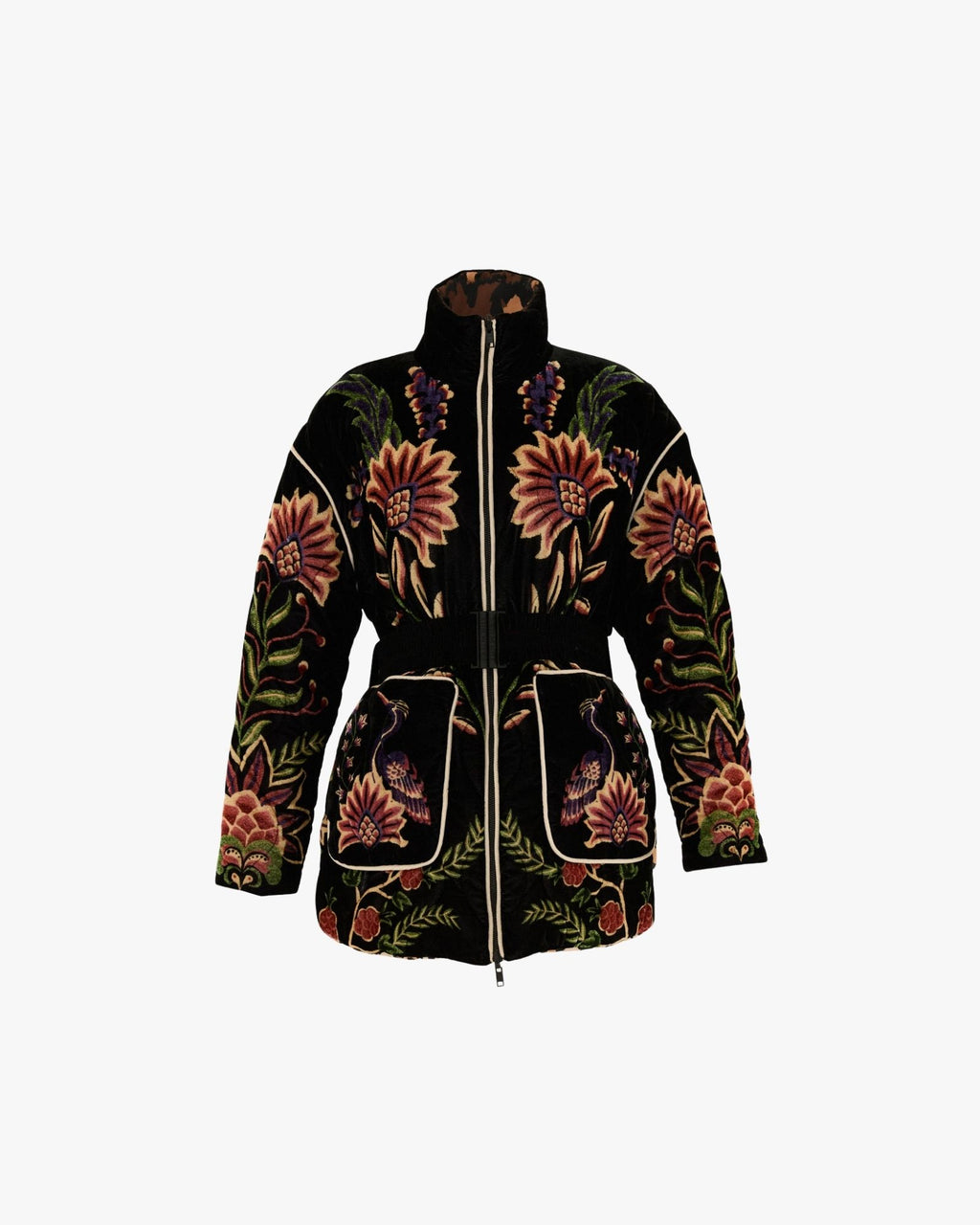Black Marvelous Garden Embroidered Velvet Puffer Jacket with Belt