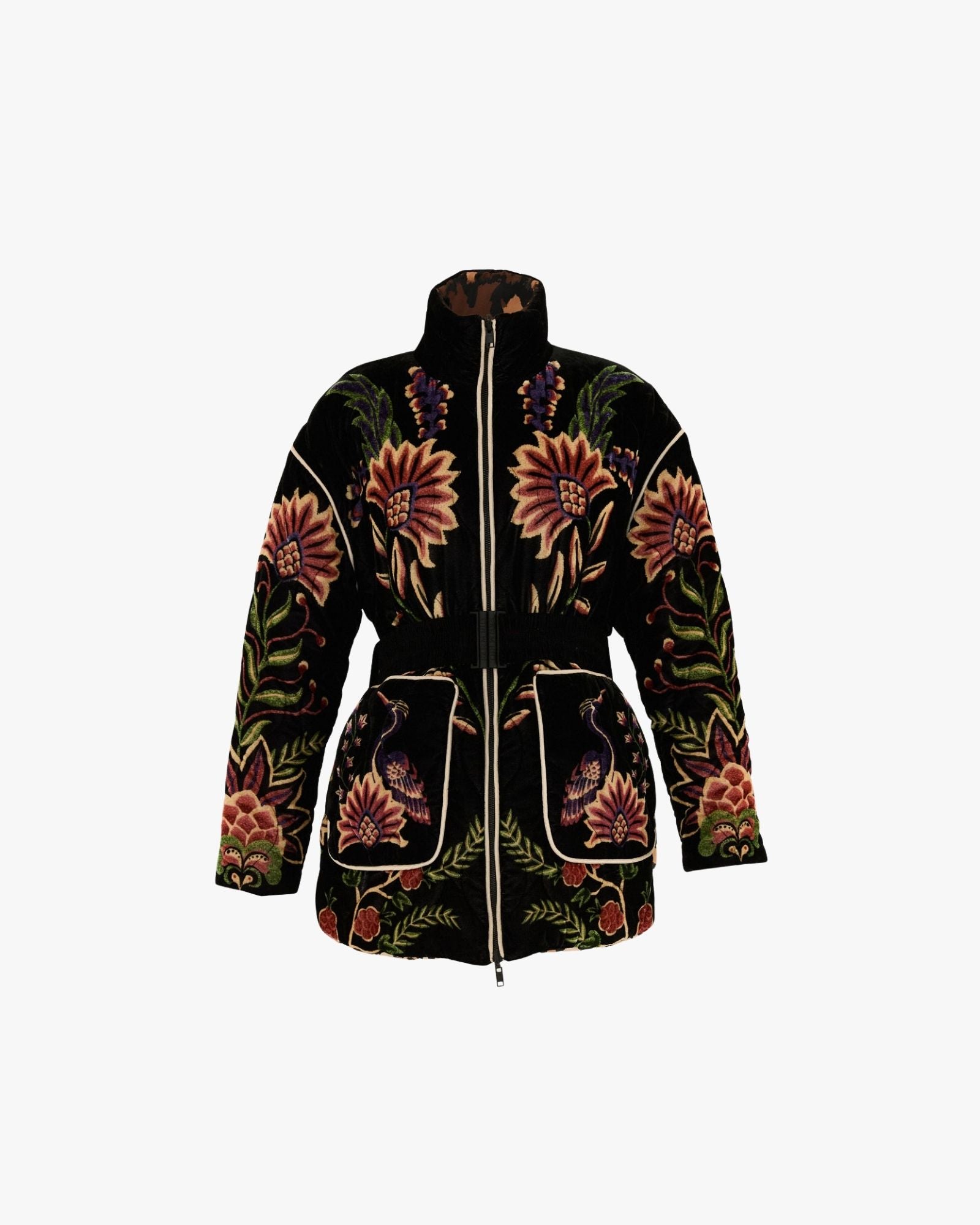 Black Marvelous Garden Embroidered Velvet Puffer Jacket with Belt
