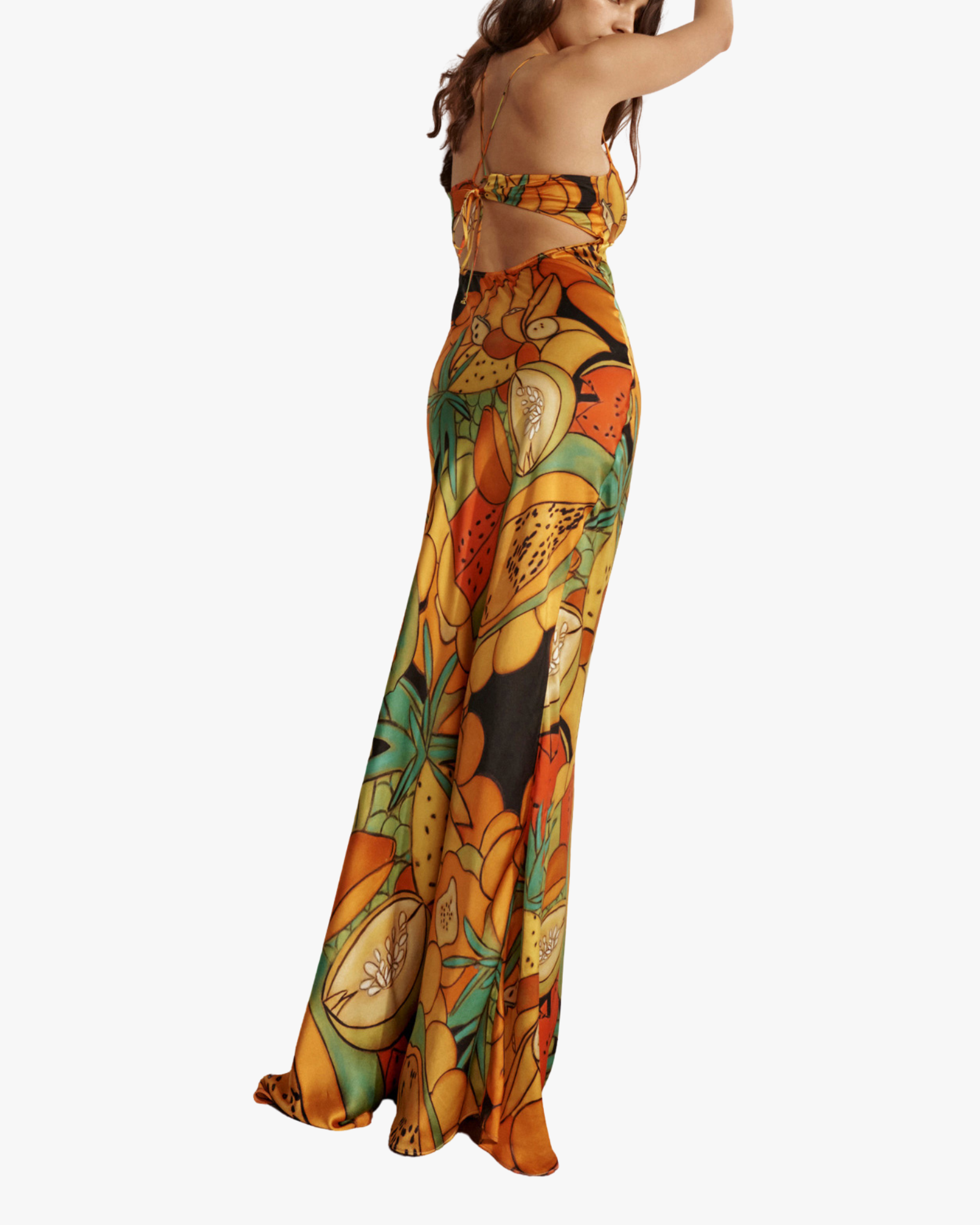 Frutas Print Silk Satin Maxi Dress