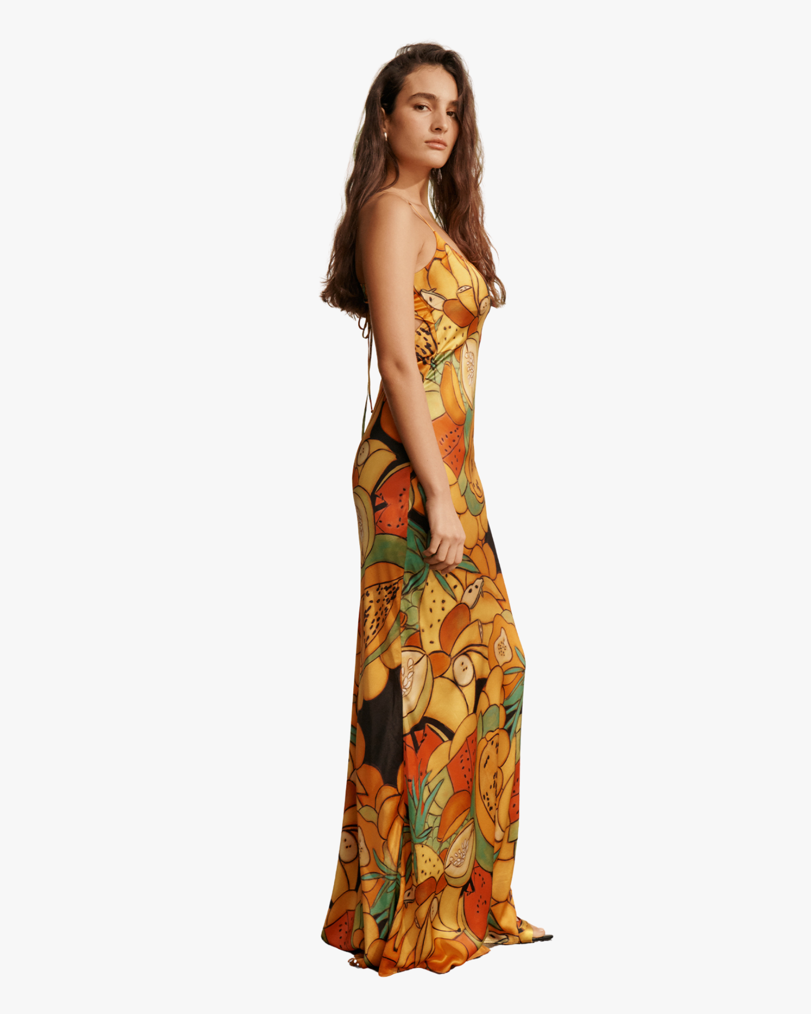 Frutas Print Silk Satin Maxi Dress