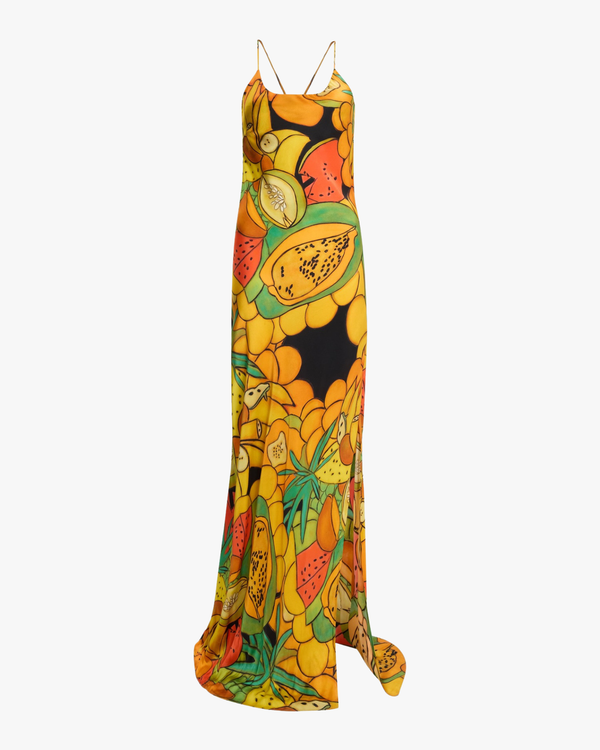 Frutas Print Silk Satin Maxi Dress
