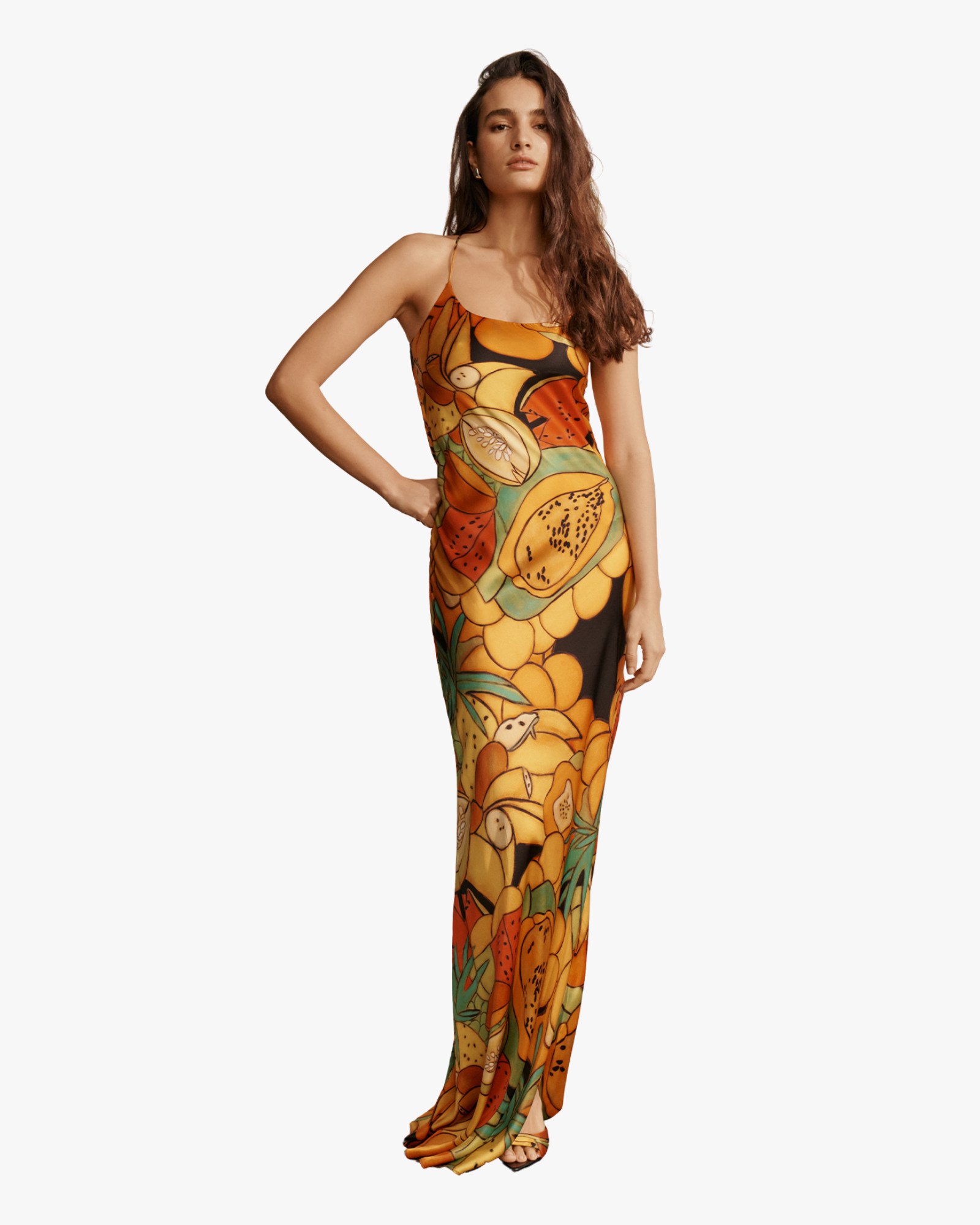 Frutas Print Silk Satin Maxi Dress