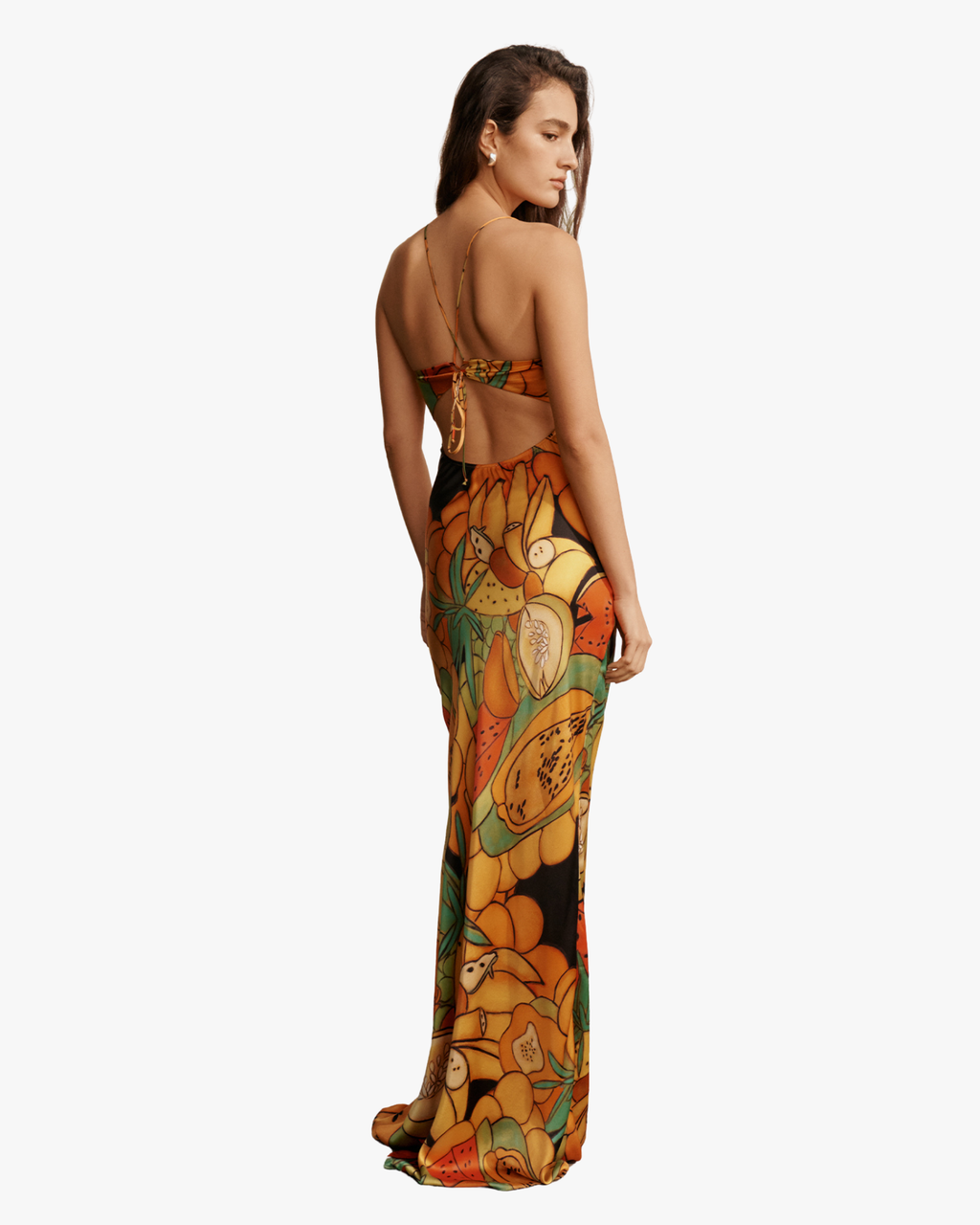 Frutas Print Silk Satin Maxi Dress