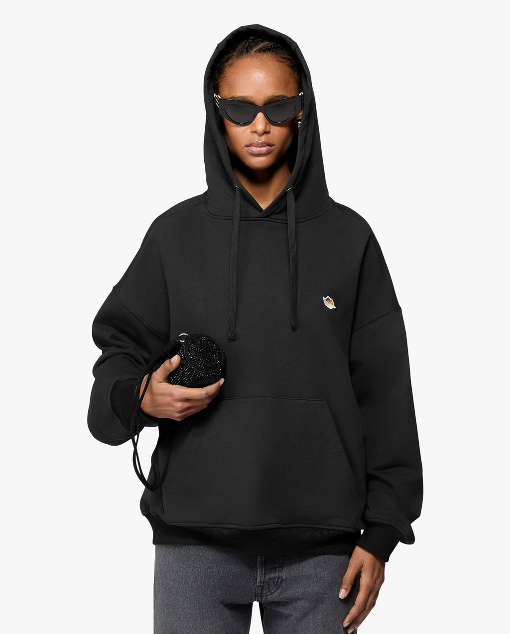 Womens Black Angel Patch Relaxed Fit Hoodie
