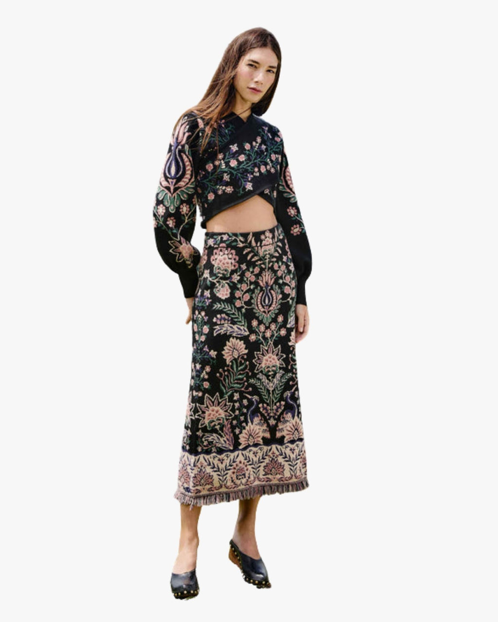 The Marvelous Garden Knit Midi Skirt with Fringe Hem