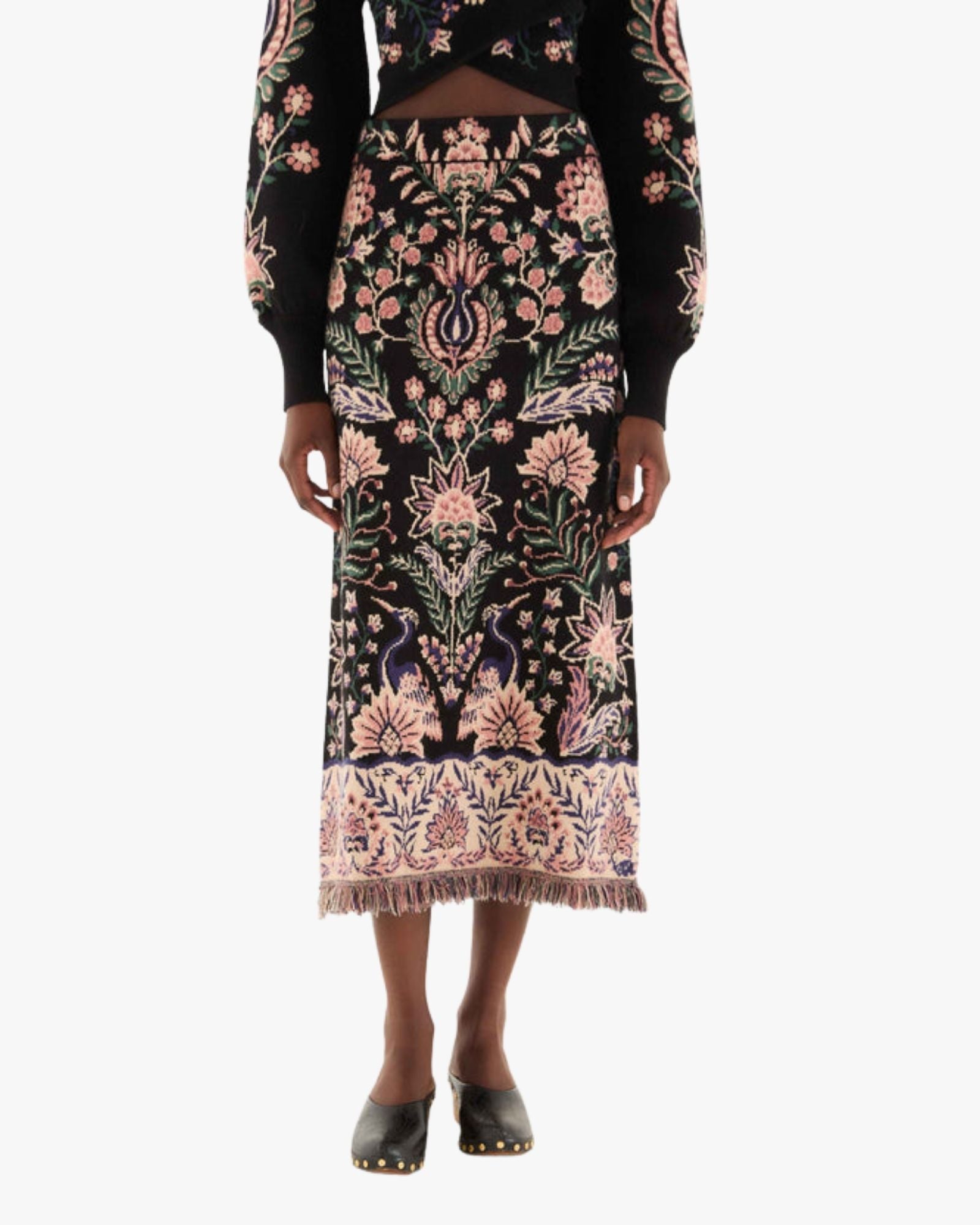 The Marvelous Garden Knit Midi Skirt with Fringe Hem