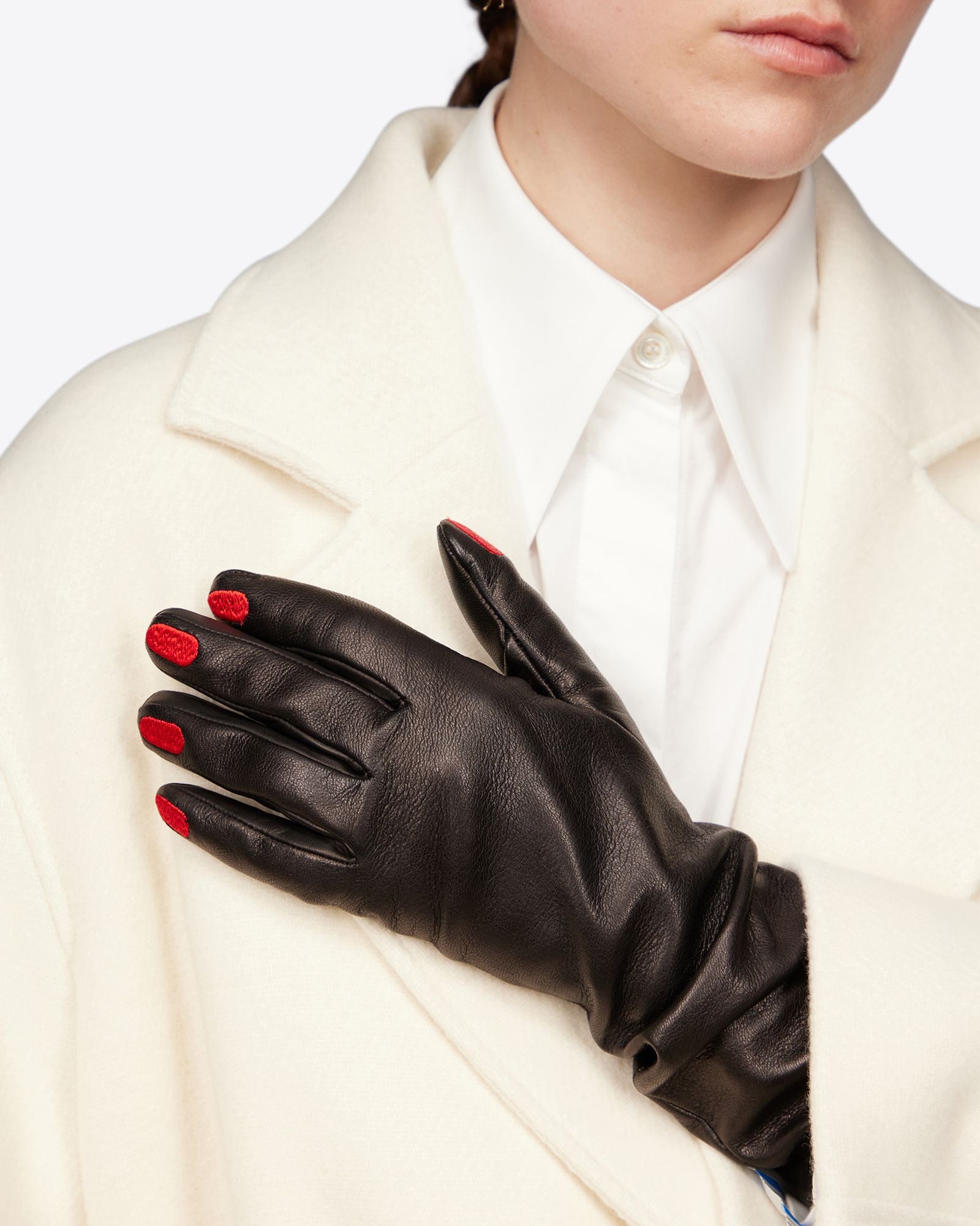 Long Leather Gloves with Red Claw Embroidery