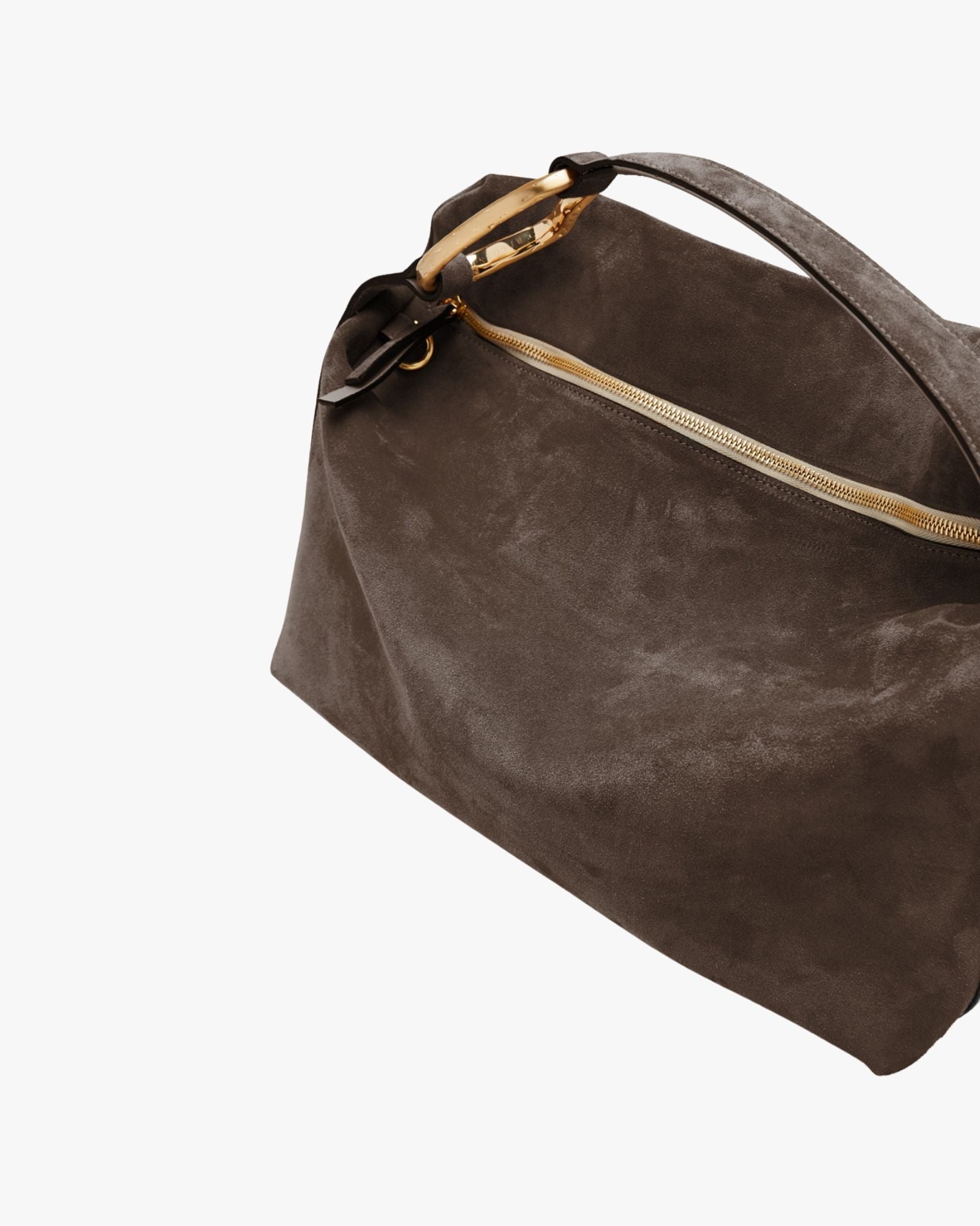 Large Suede Handbag Dark Brown With Golden Brass Accessory Liaison