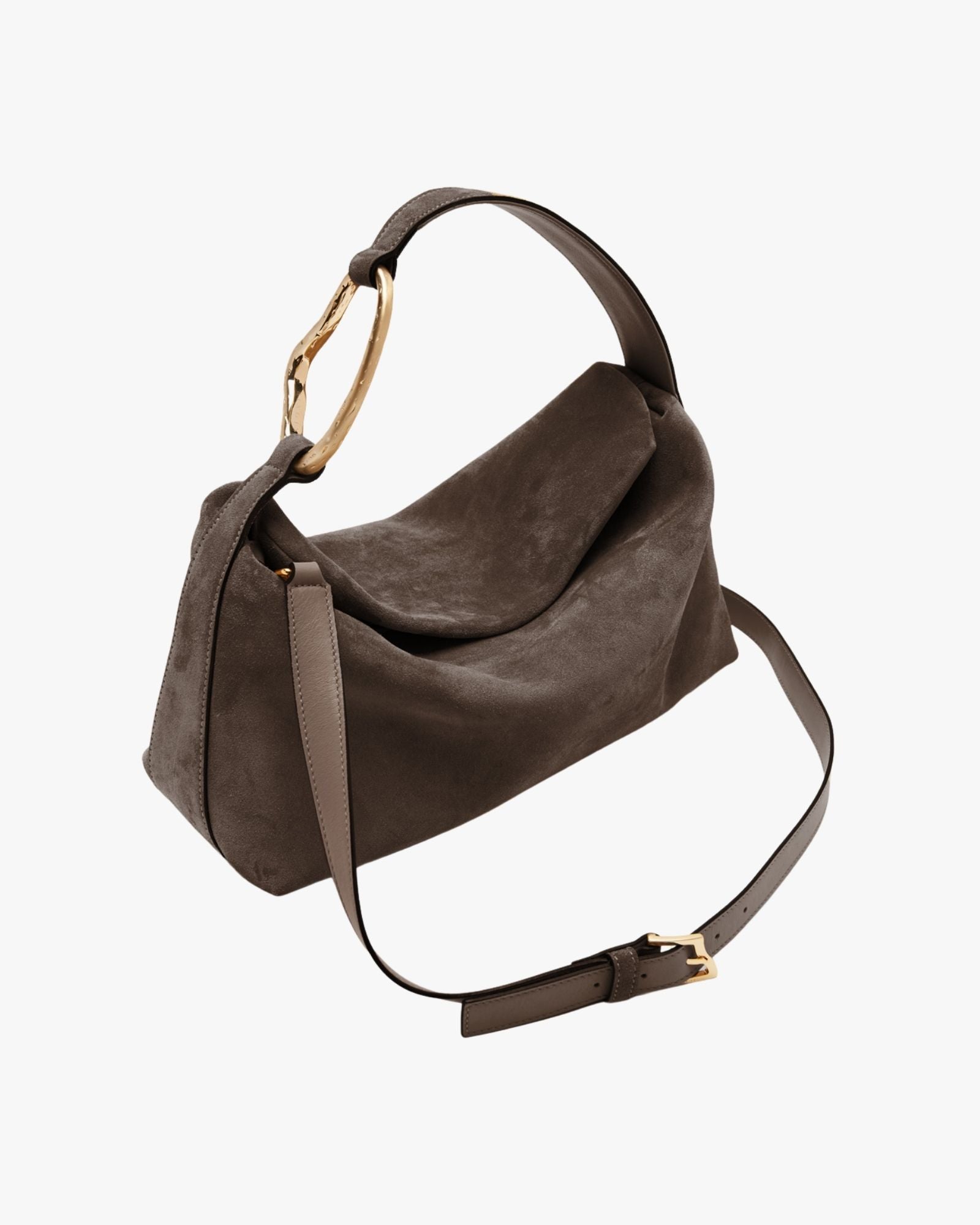 Large Suede Handbag Dark Brown With Golden Brass Accessory Liaison