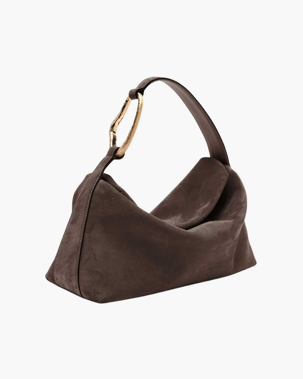 Large Suede Handbag Dark Brown With Golden Brass Accessory Liaison