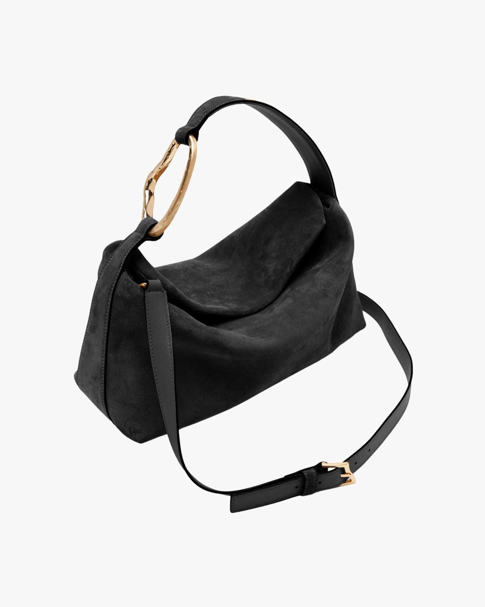 Large Suede Handbag Black With Golden Brass Accessory  Liaison