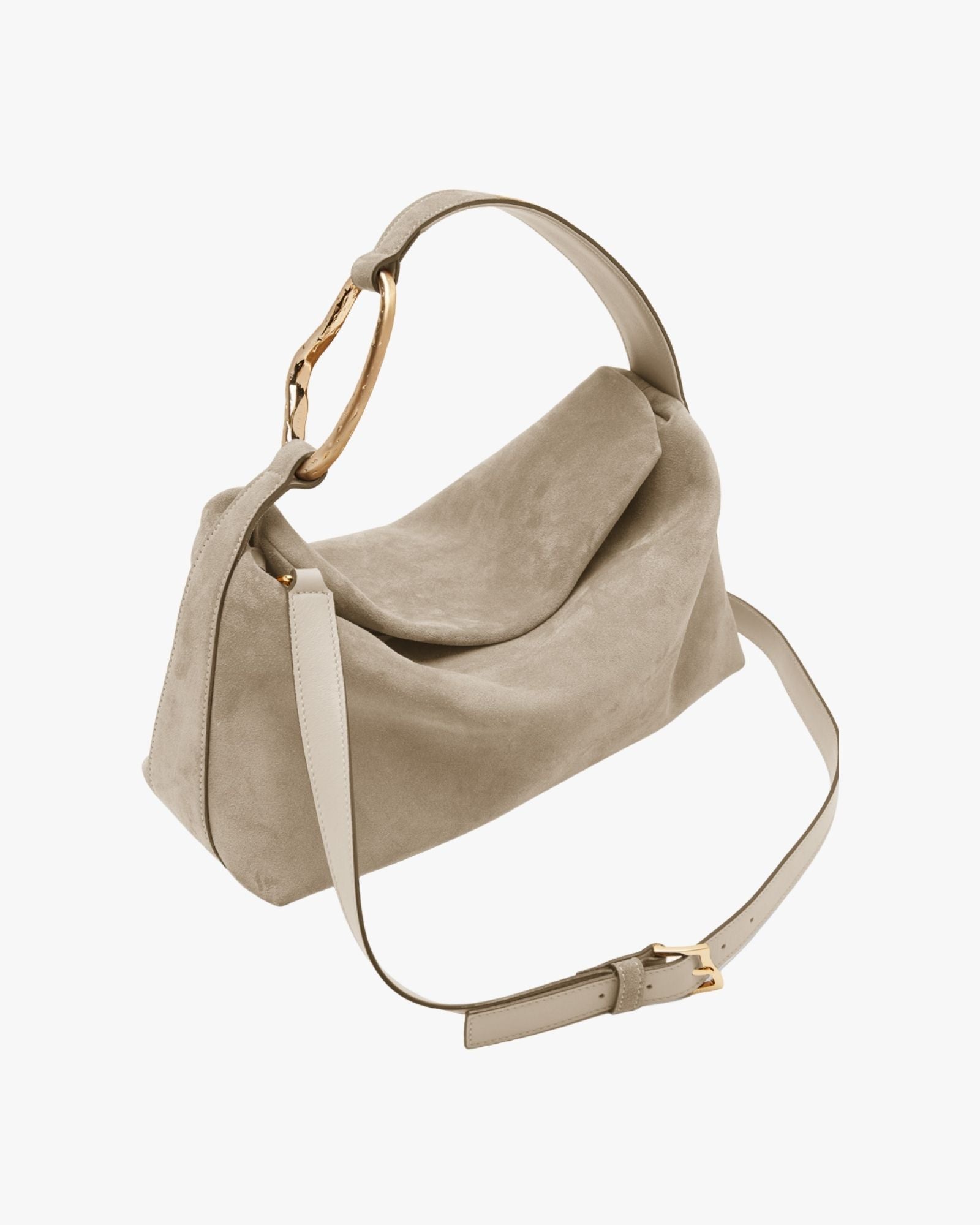 Large Suede Handbag Beige With Golden Brass Accessory Liaison
