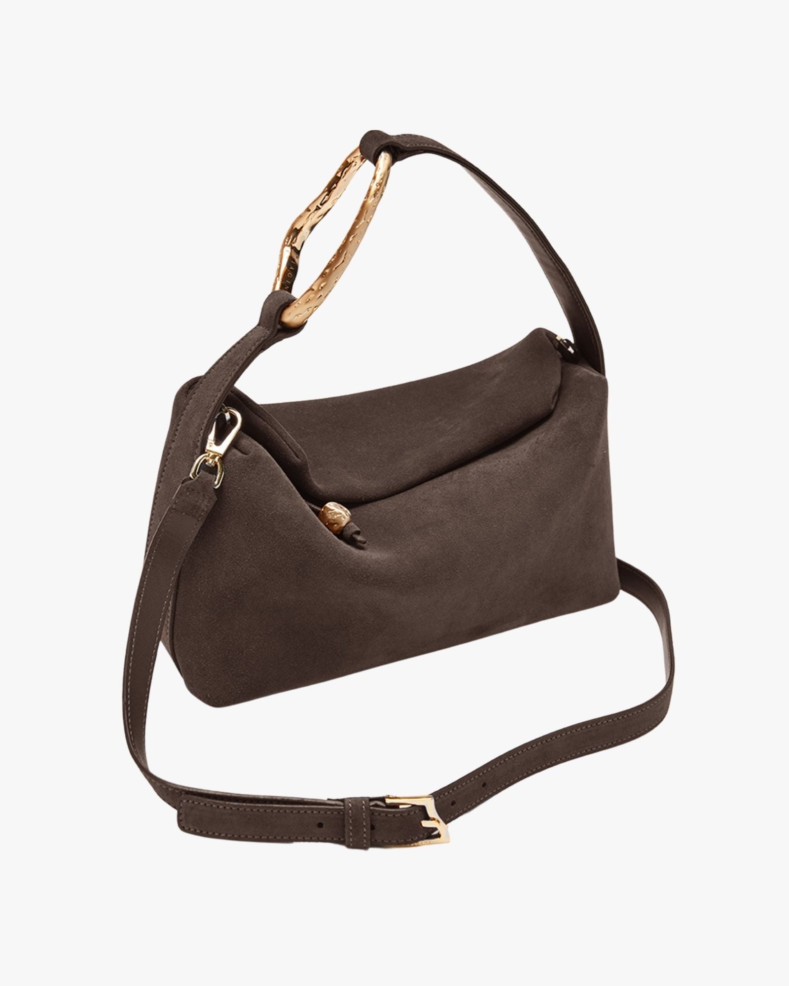 Medium-Sized Suede Handbag  Dark Brown With Golden Brass Accessory Liaison Small