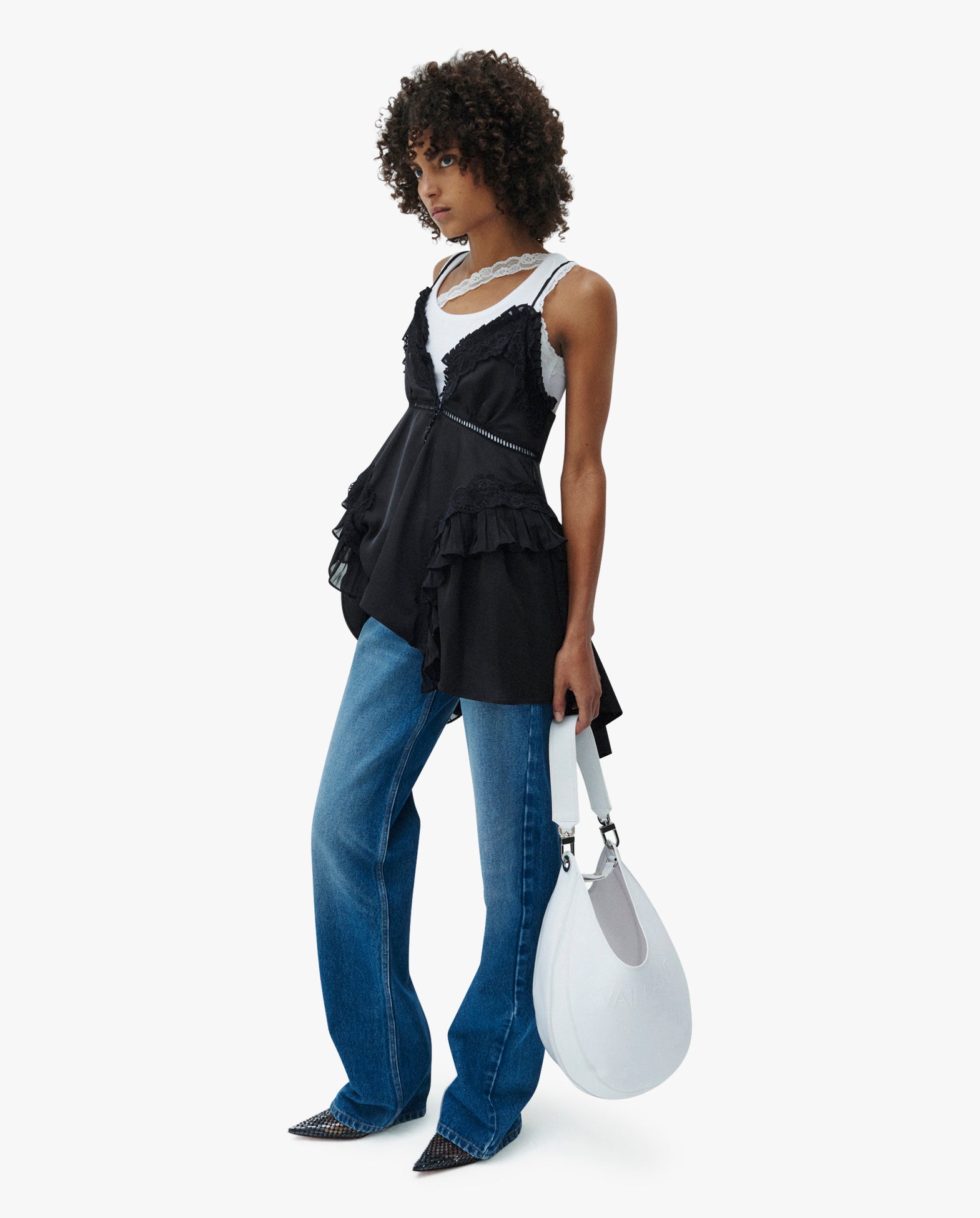 Ribbed Tank Top With Lace Trim Neckline