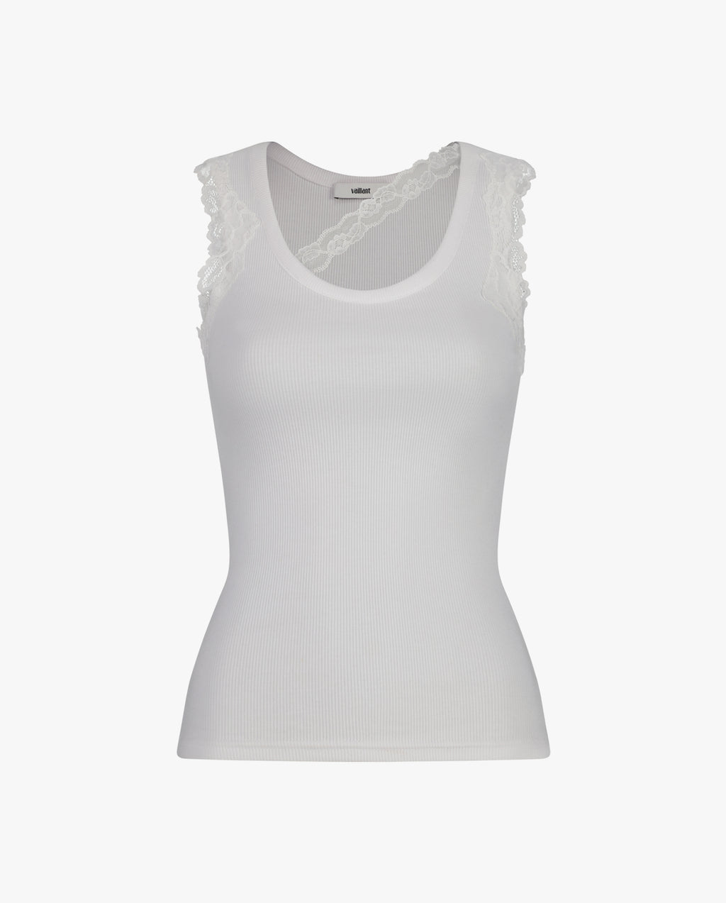 Ribbed Tank Top With Lace Trim Neckline