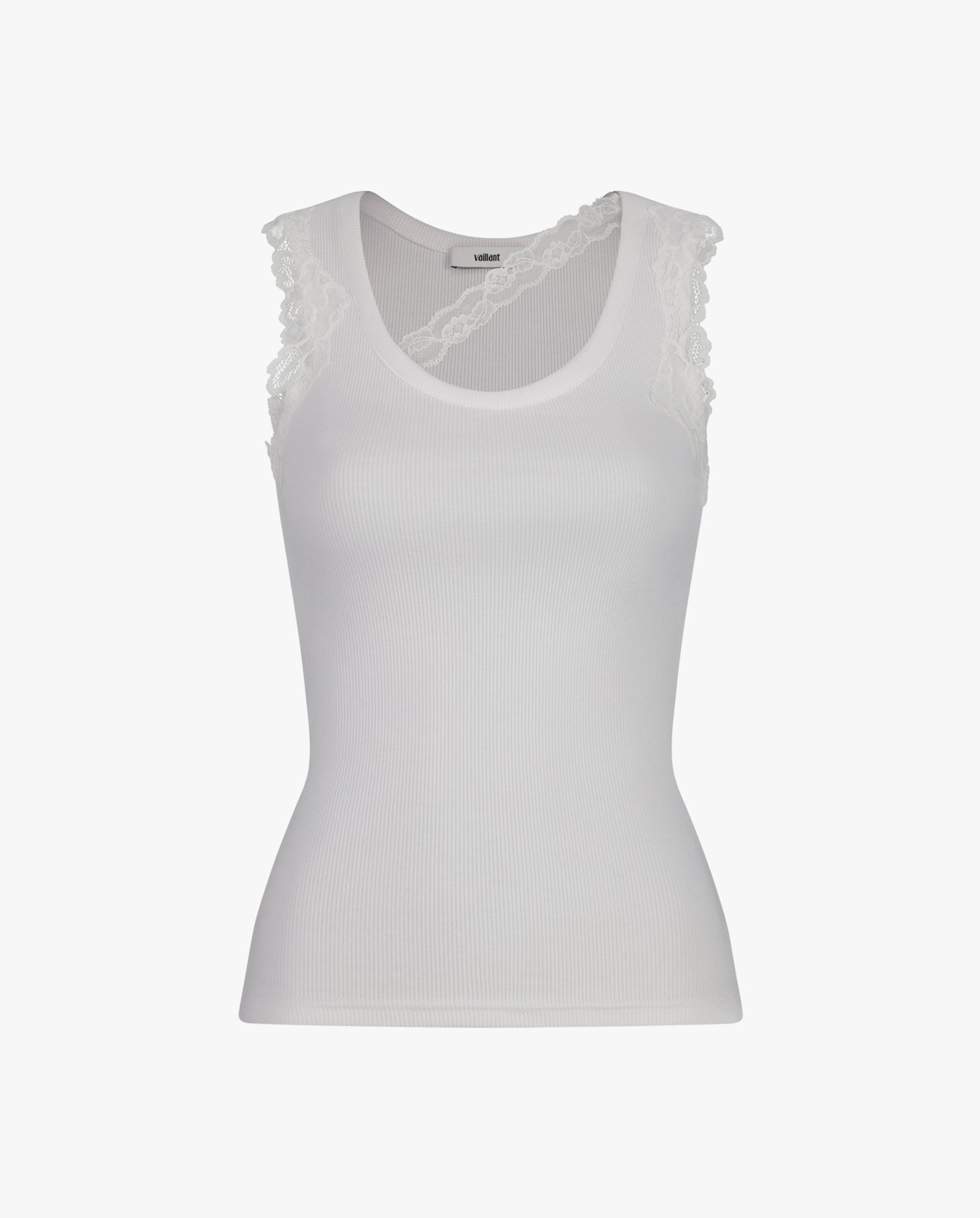 Ribbed Tank Top With Lace Trim Neckline