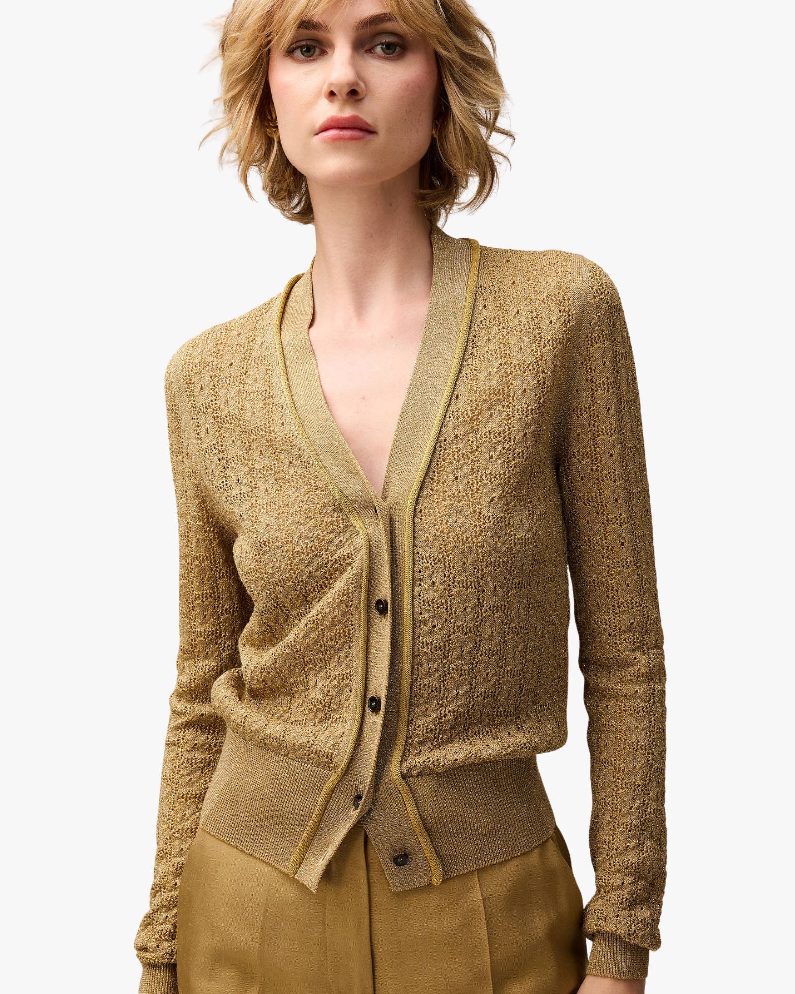 Lurex Jacquard Knit Cardigan Gold