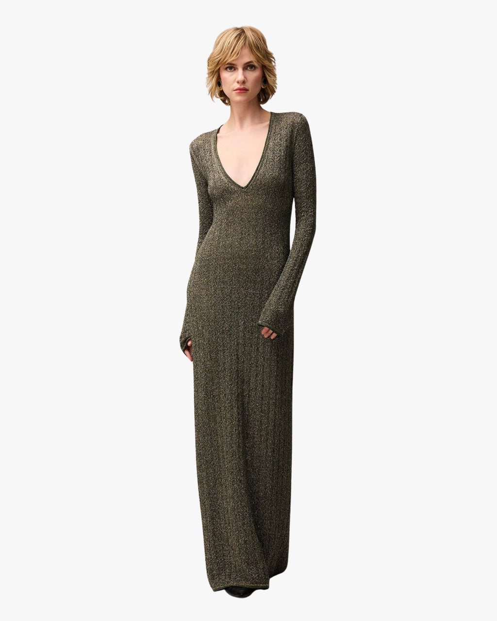 Lurex Jacquard Knit Long Dress Dark Green