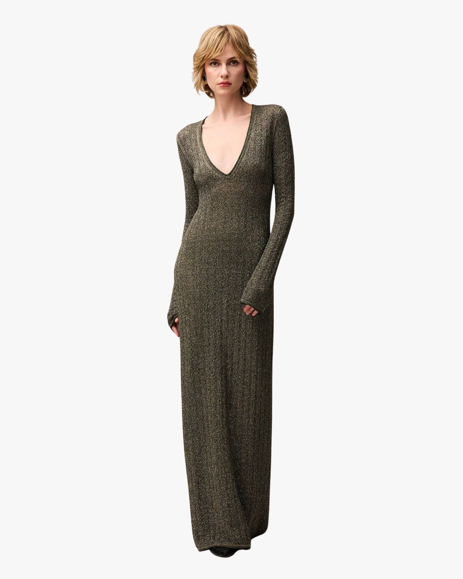 Lurex Jacquard Knit Long Dress Dark Green