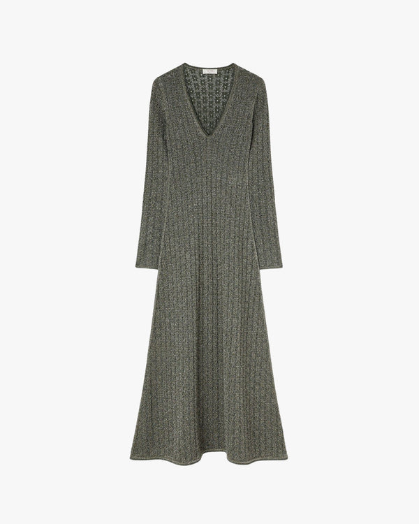 Lurex Jacquard Knit Long Dress Dark Green