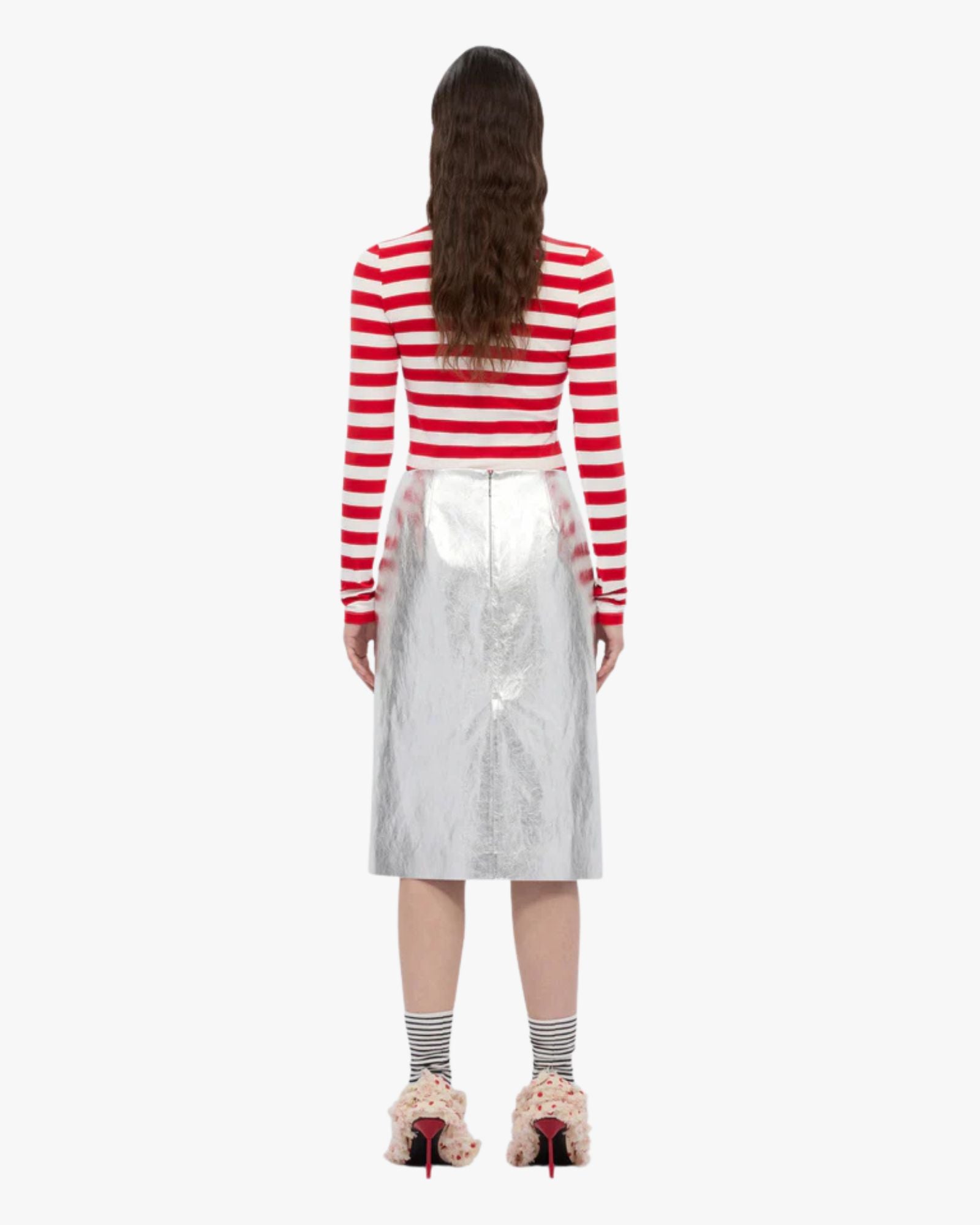 Metallic Silver Faux Leather Midi Skirt