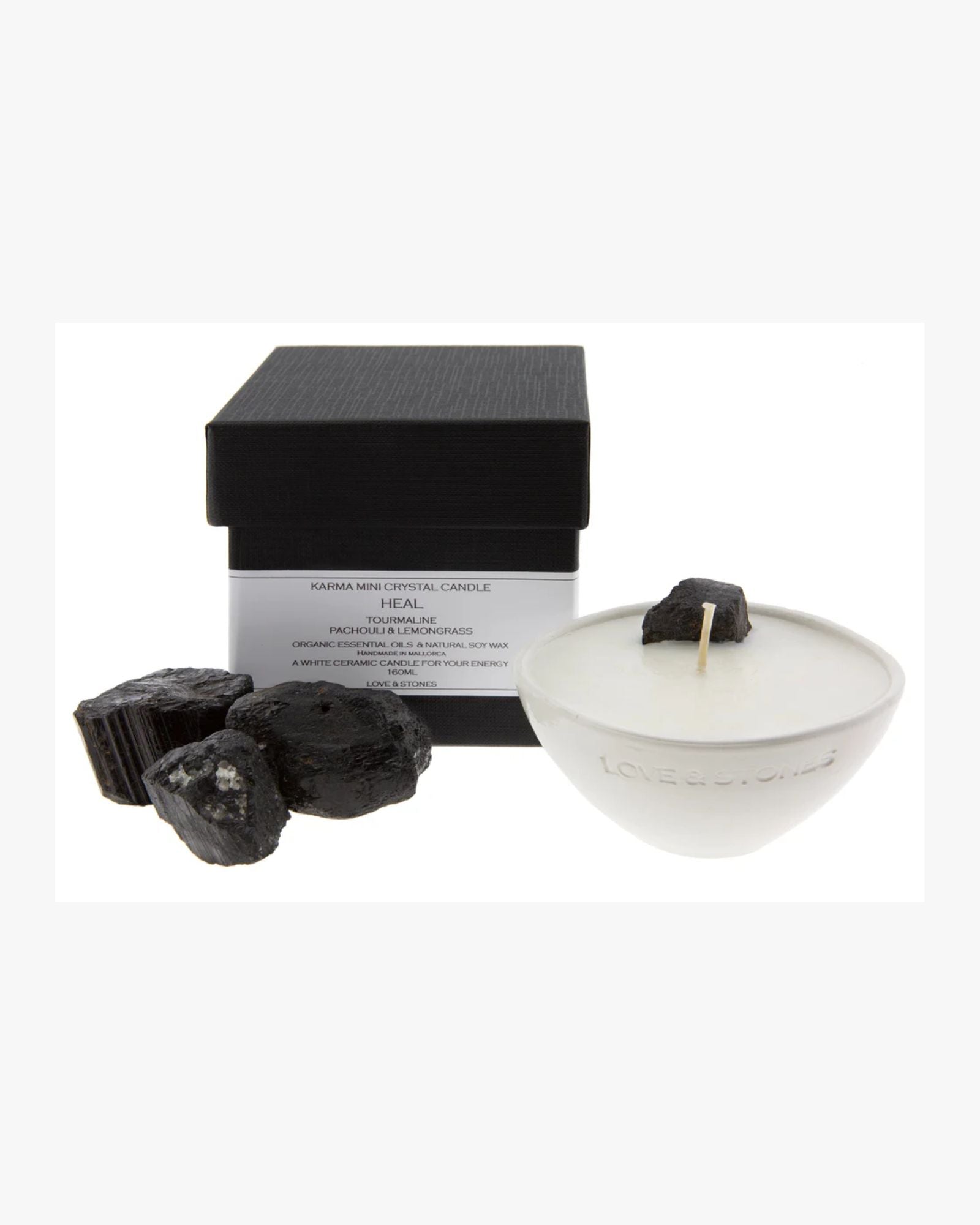 Mini Heal Black Tourmeline Crystal White Ceramic Candle 160Ml