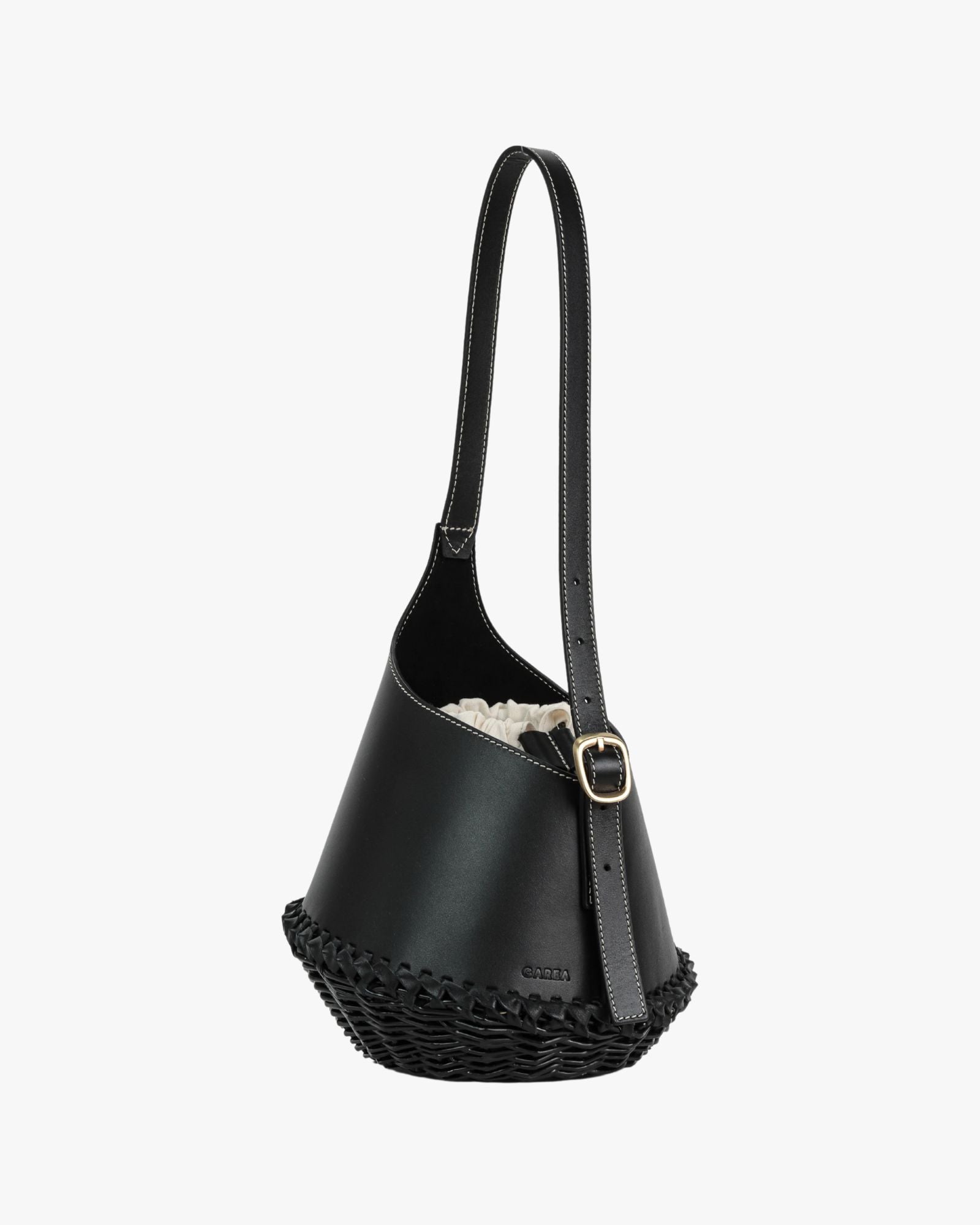 Nisa Noir Leather & Wicker Bucket Bag