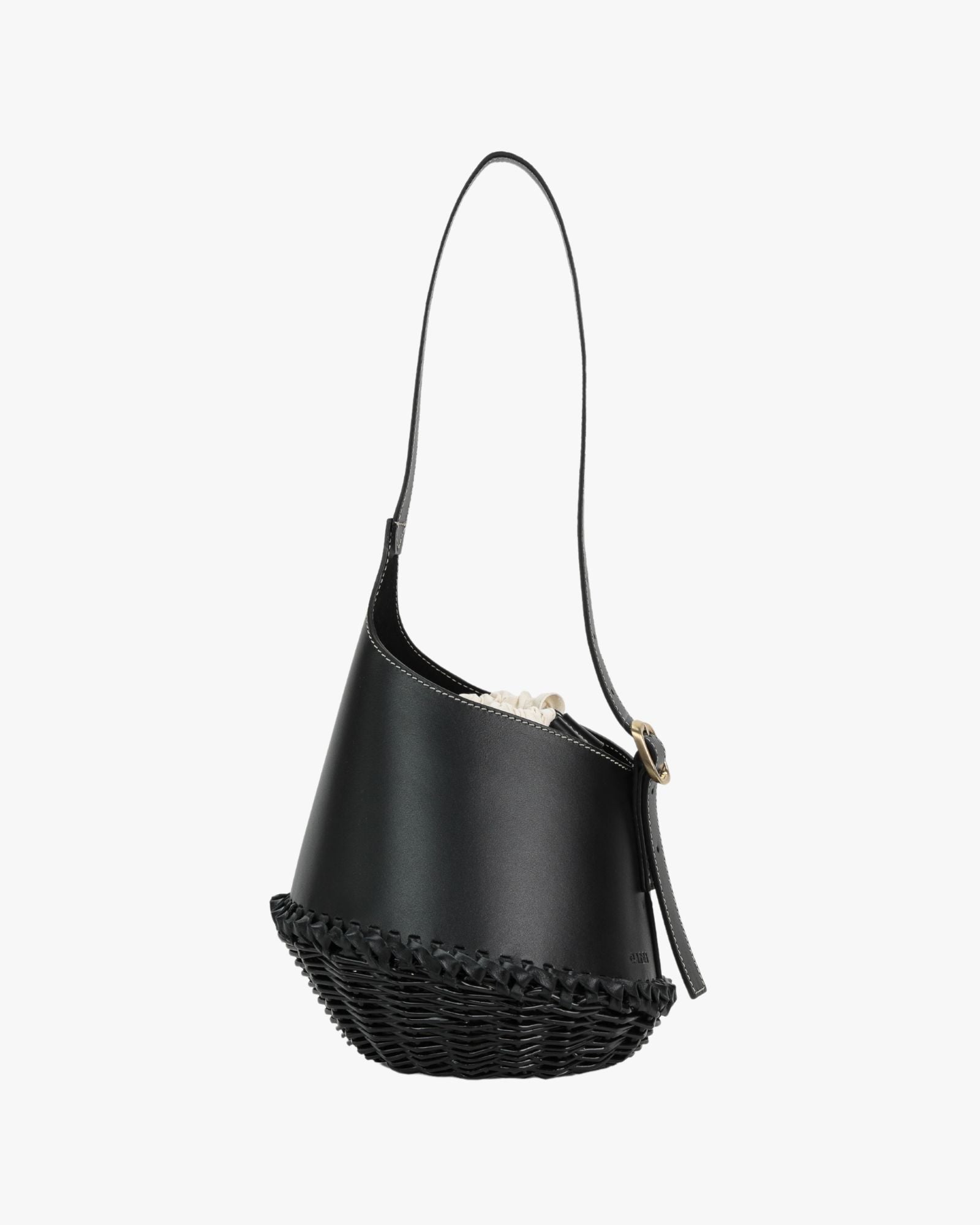 Nisa Noir Leather & Wicker Bucket Bag