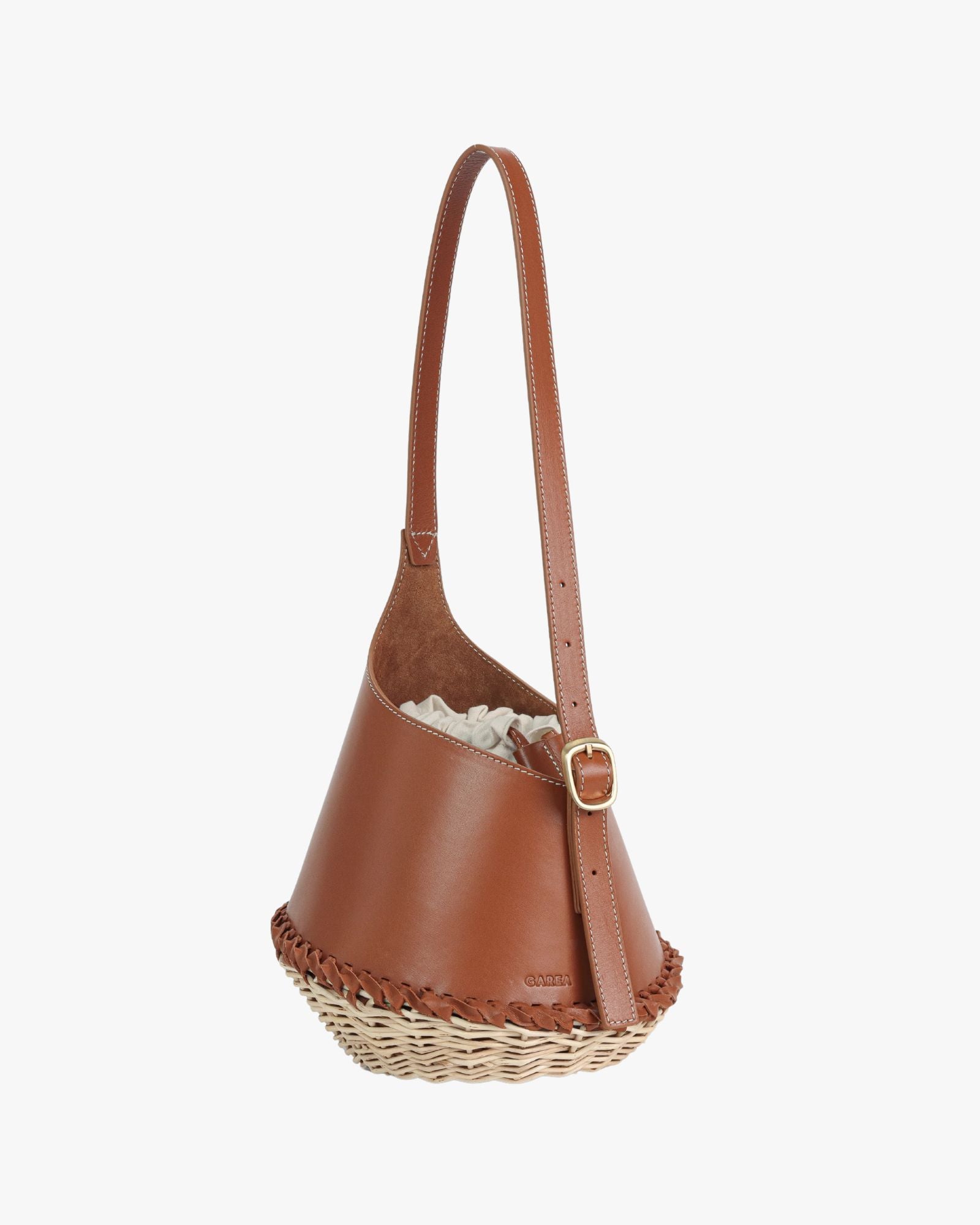 Nisa Tan Leather & Wicker Bucket Bag