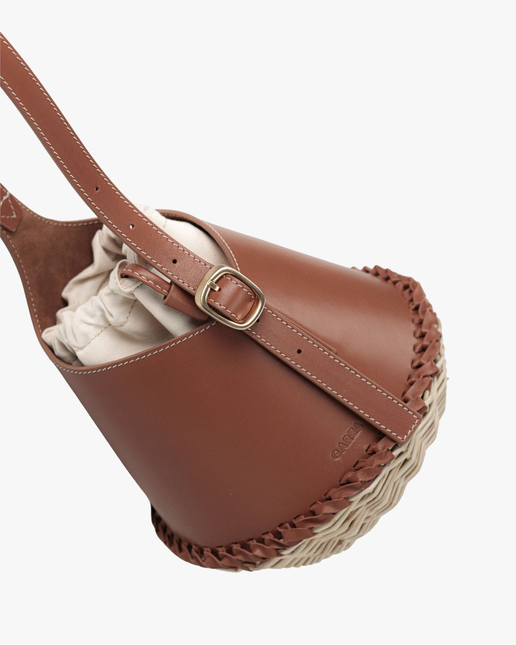 Nisa Tan Leather & Wicker Bucket Bag