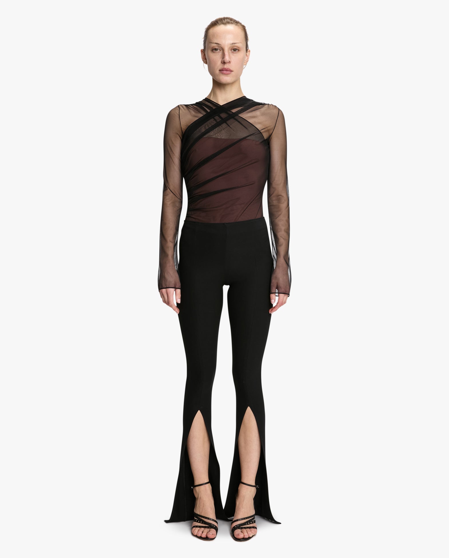Semi-Sheer Gathered Long Sleeve Top