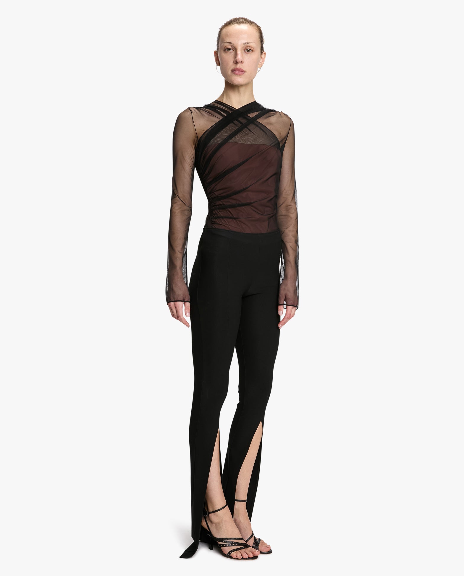 Semi-Sheer Gathered Long Sleeve Top