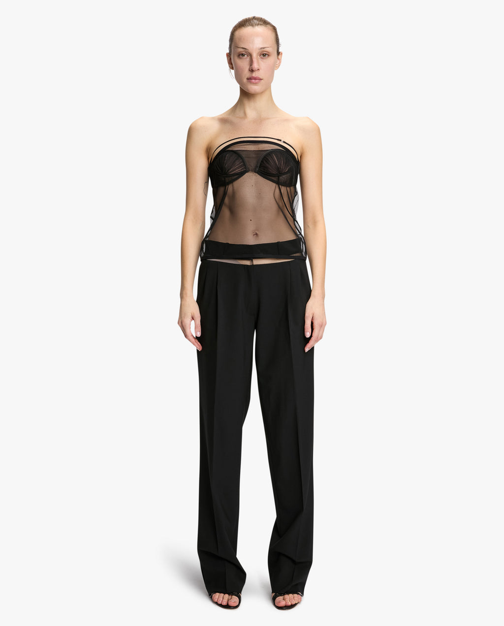 Tailored Wide Leg Trousers With Tulle Inserts