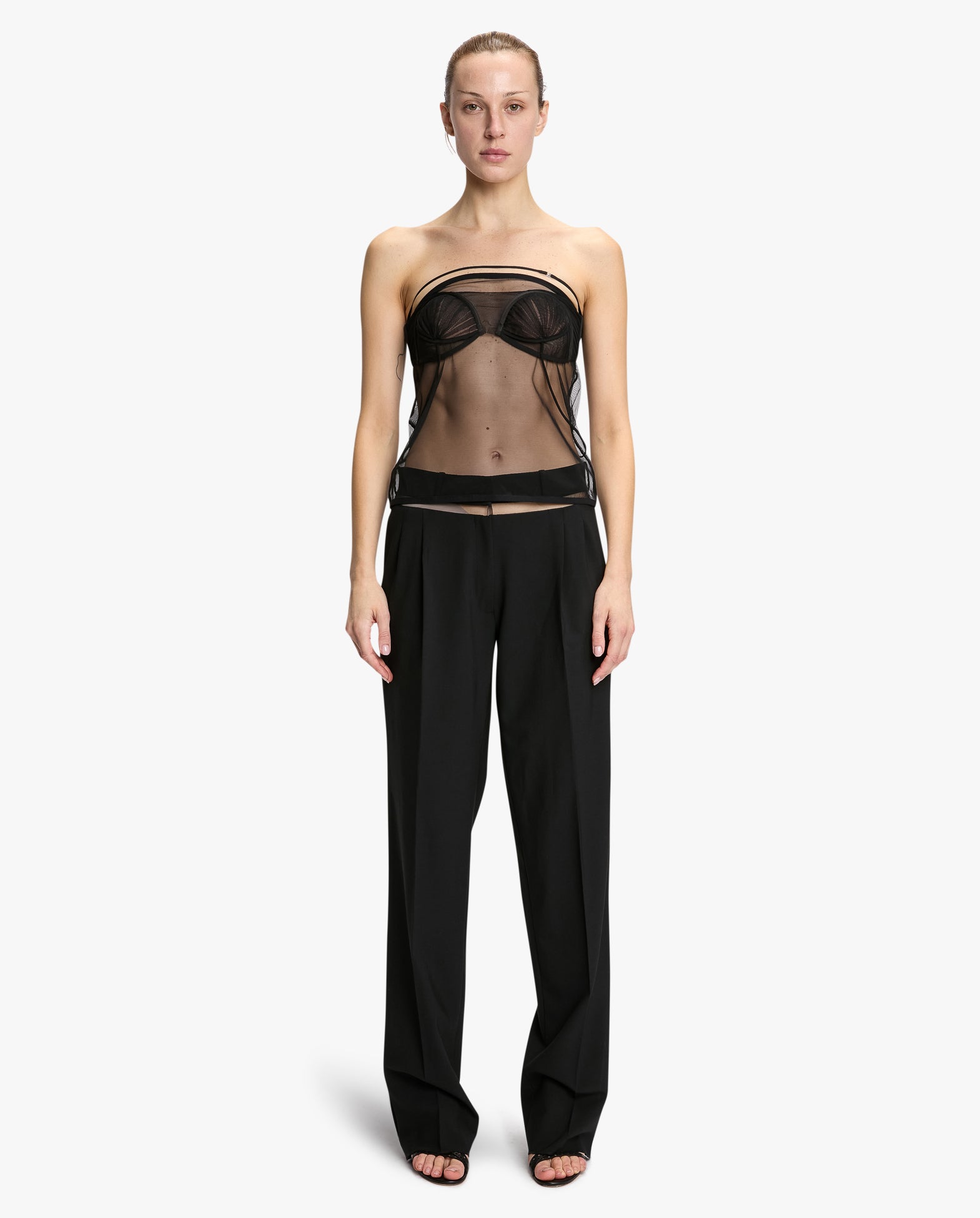 Tailored Wide Leg Trousers With Tulle Inserts