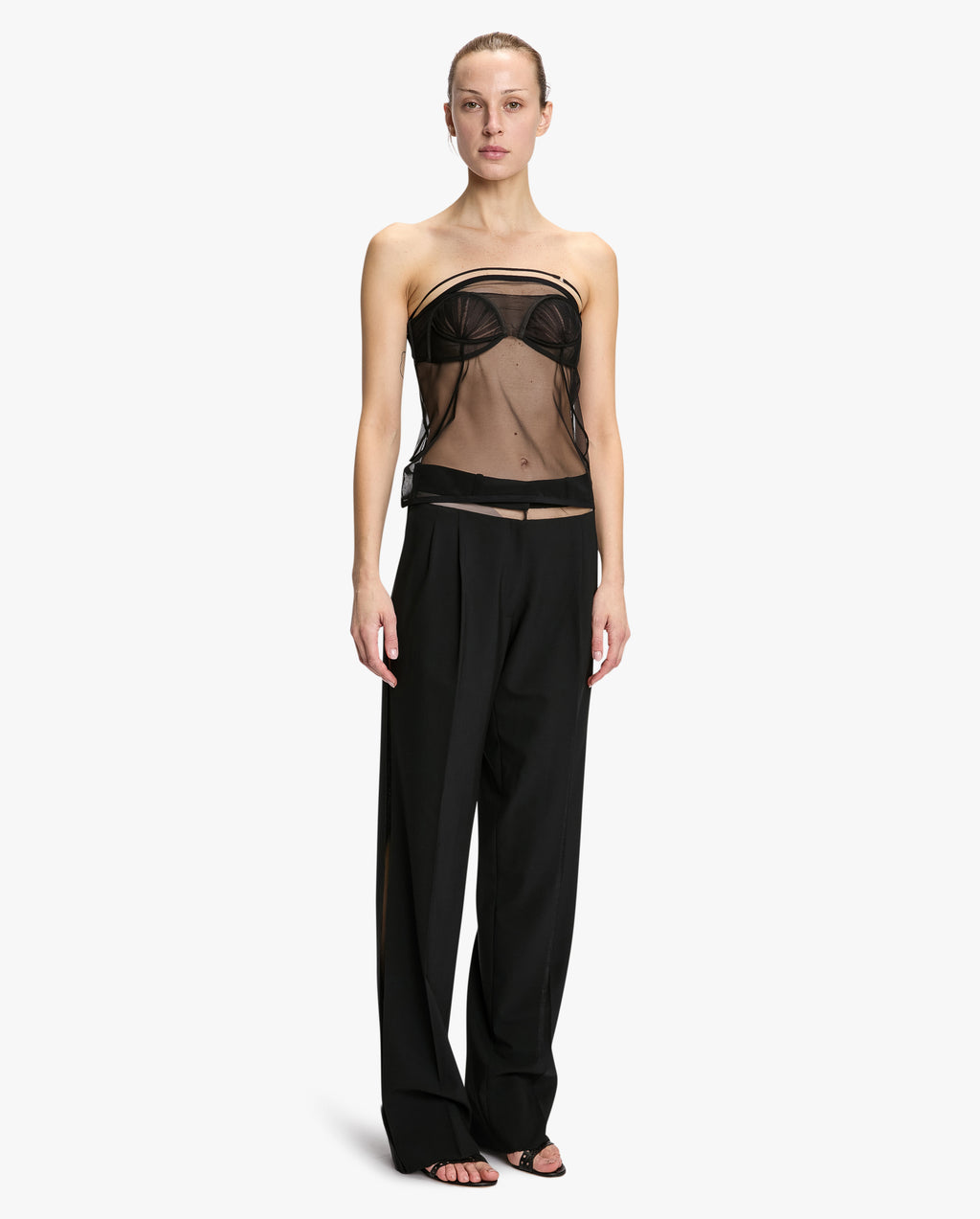 Tailored Wide Leg Trousers With Tulle Inserts