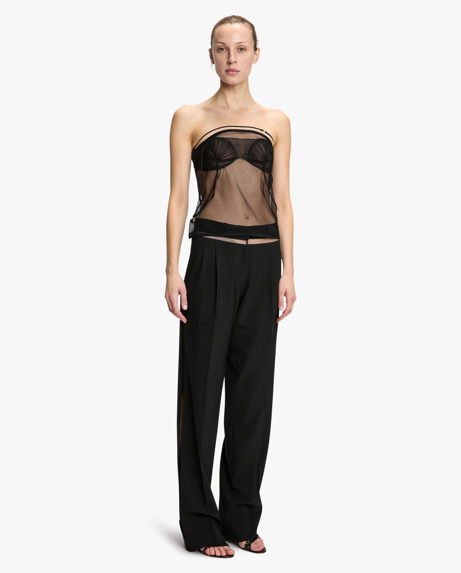 Tailored Wide Leg Trousers With Tulle Inserts
