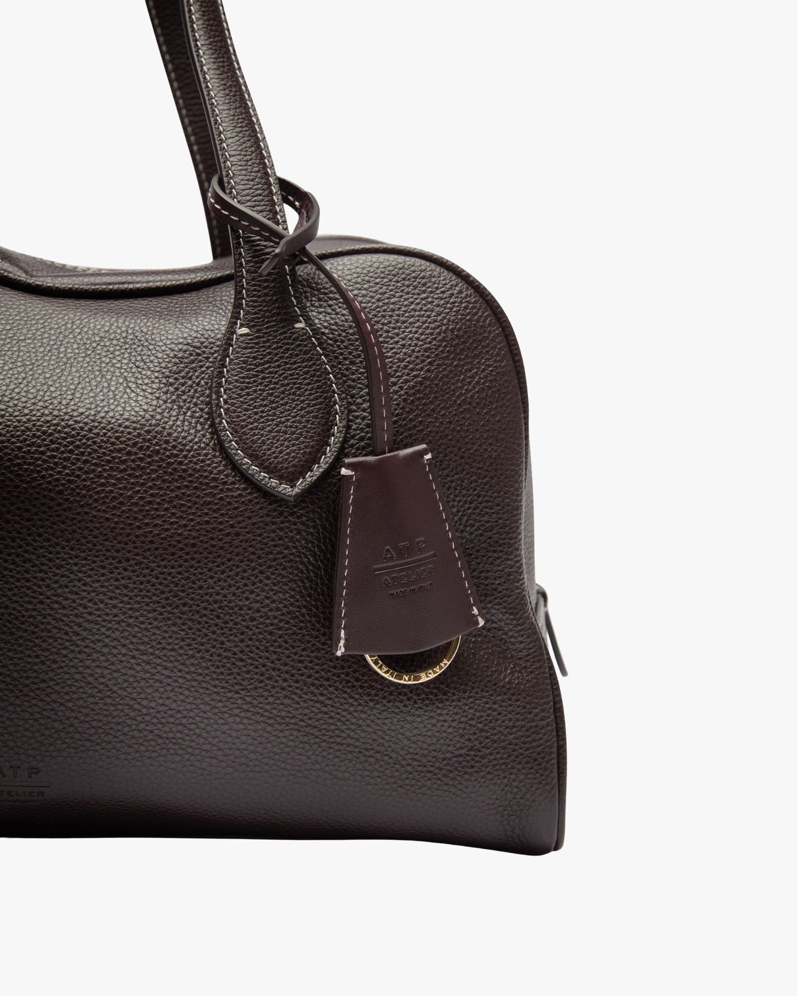 Noale Bowling Bag in Walnut Contrast Stitch Grained Calf