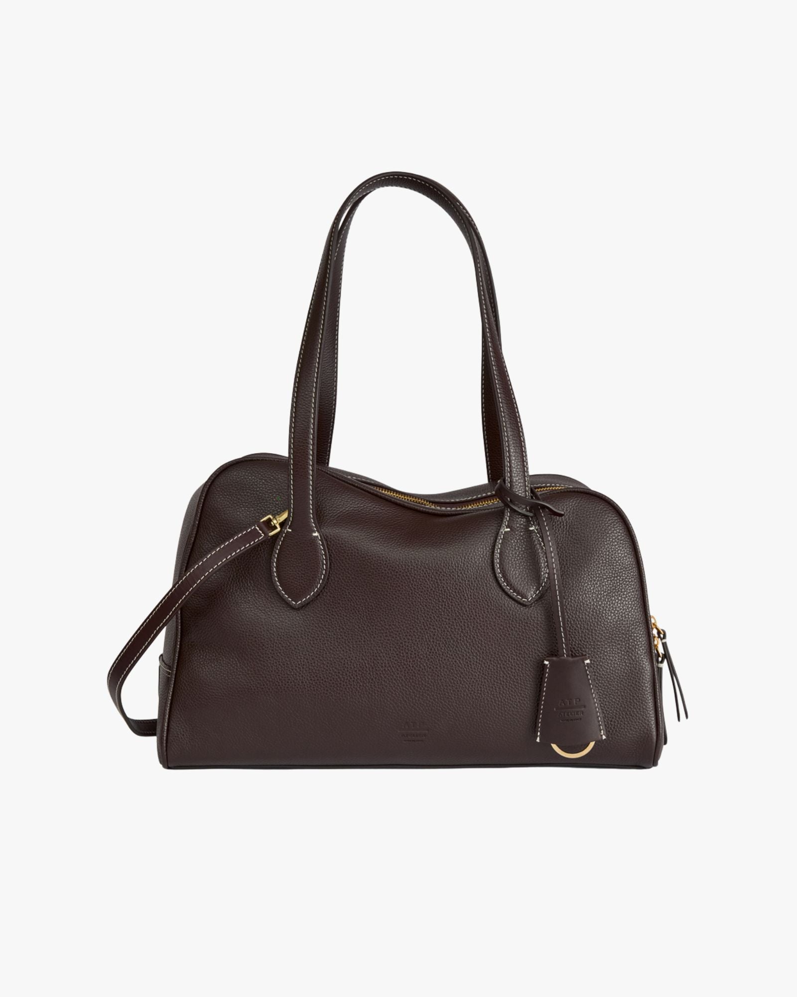 Noale Bowling Bag in Walnut Contrast Stitch Grained Calf