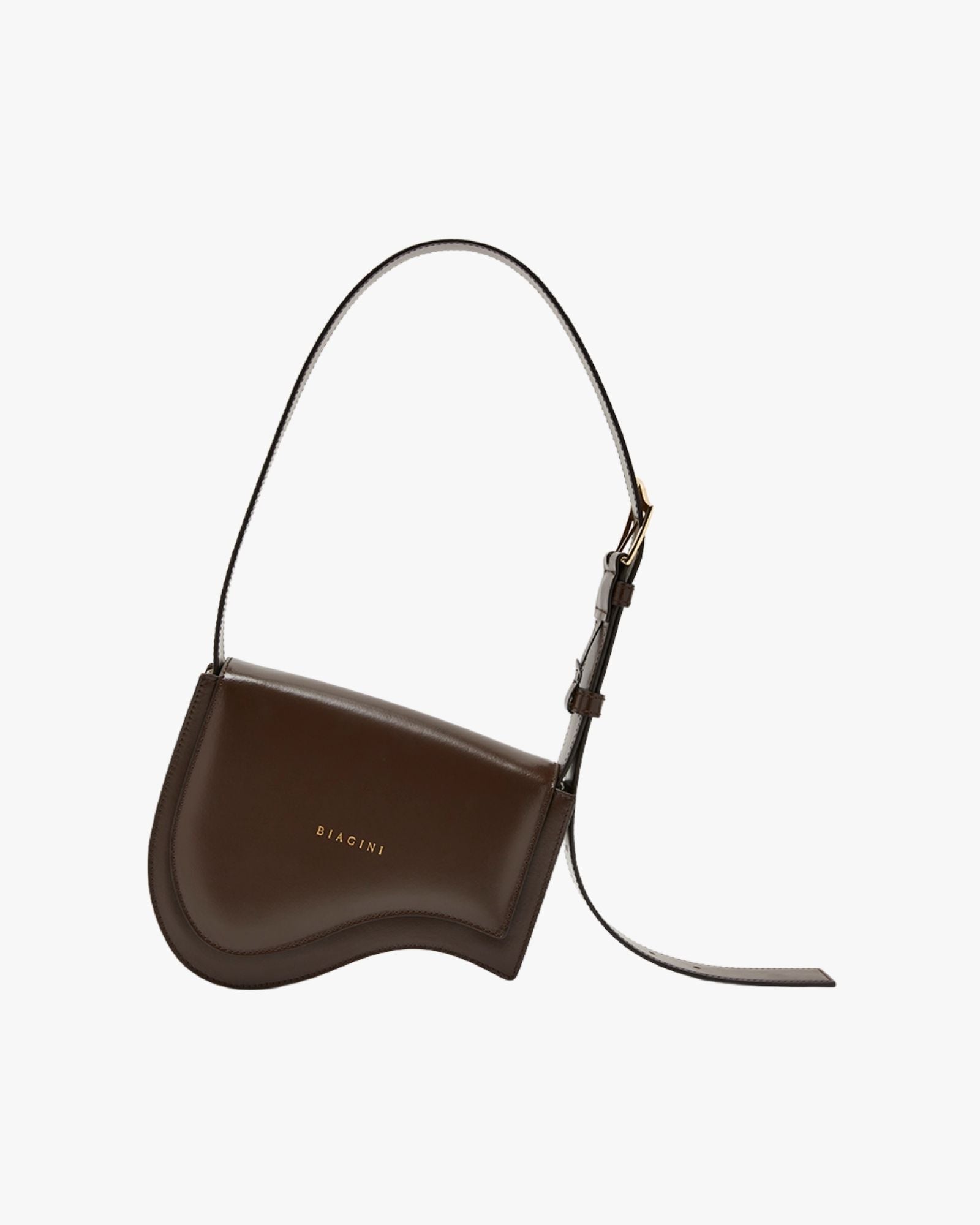 Medium-Sized Shoulder Bag With Biagini Logo In Sanded Calfskin With Wave Buckle Dark Brown Onda