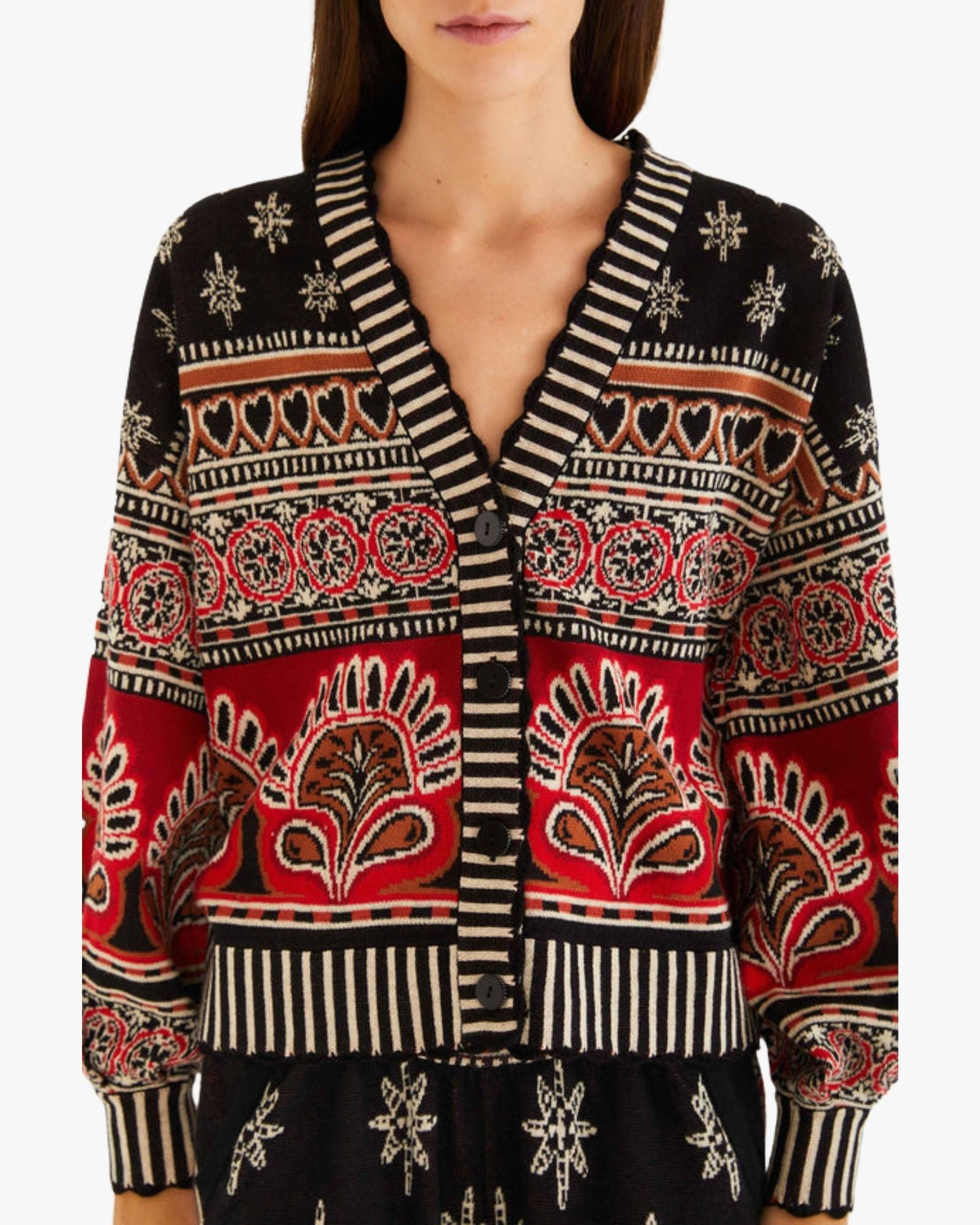 Patterned Knit Cardigan with Puffed Sleeves