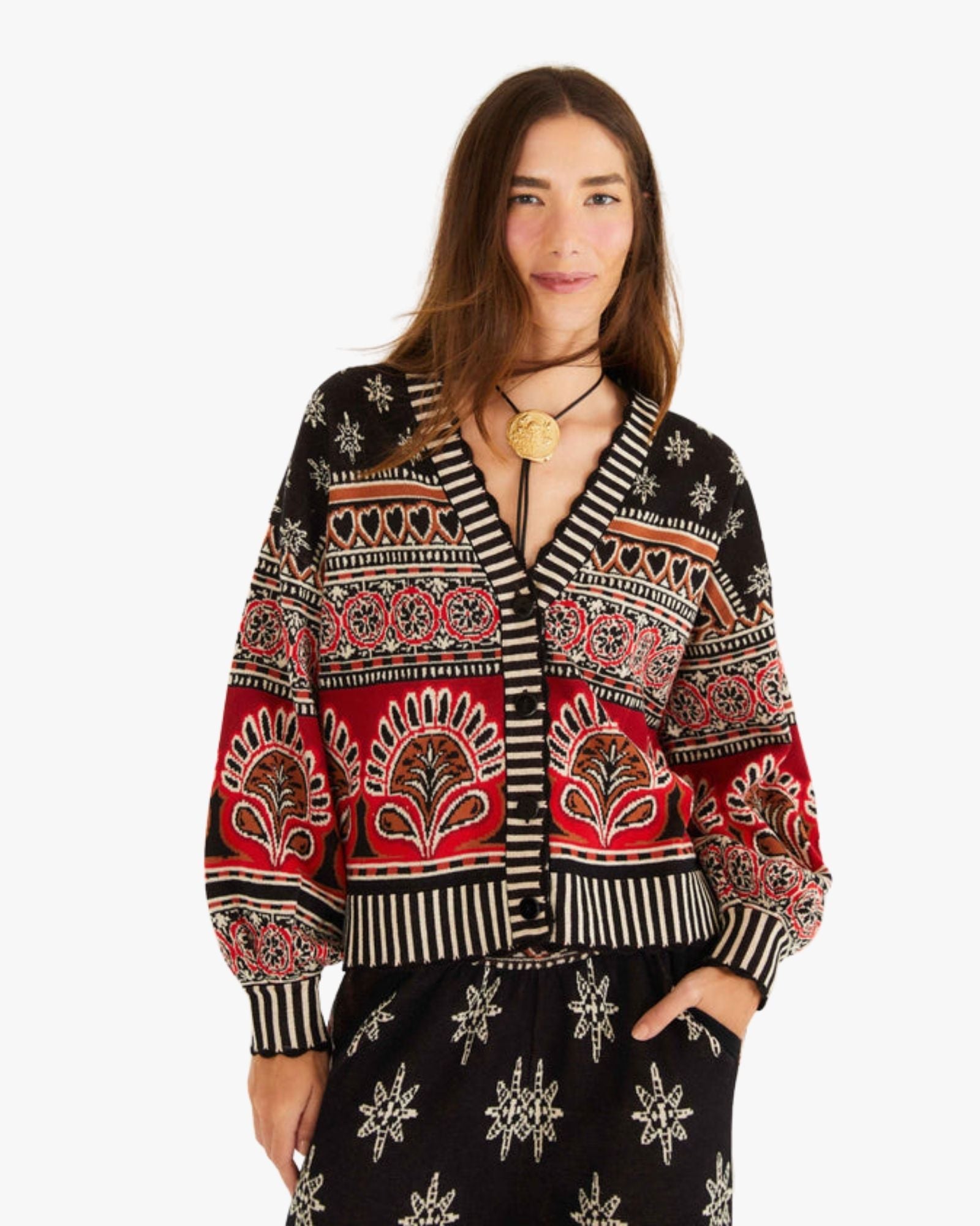 Patterned Knit Cardigan with Puffed Sleeves