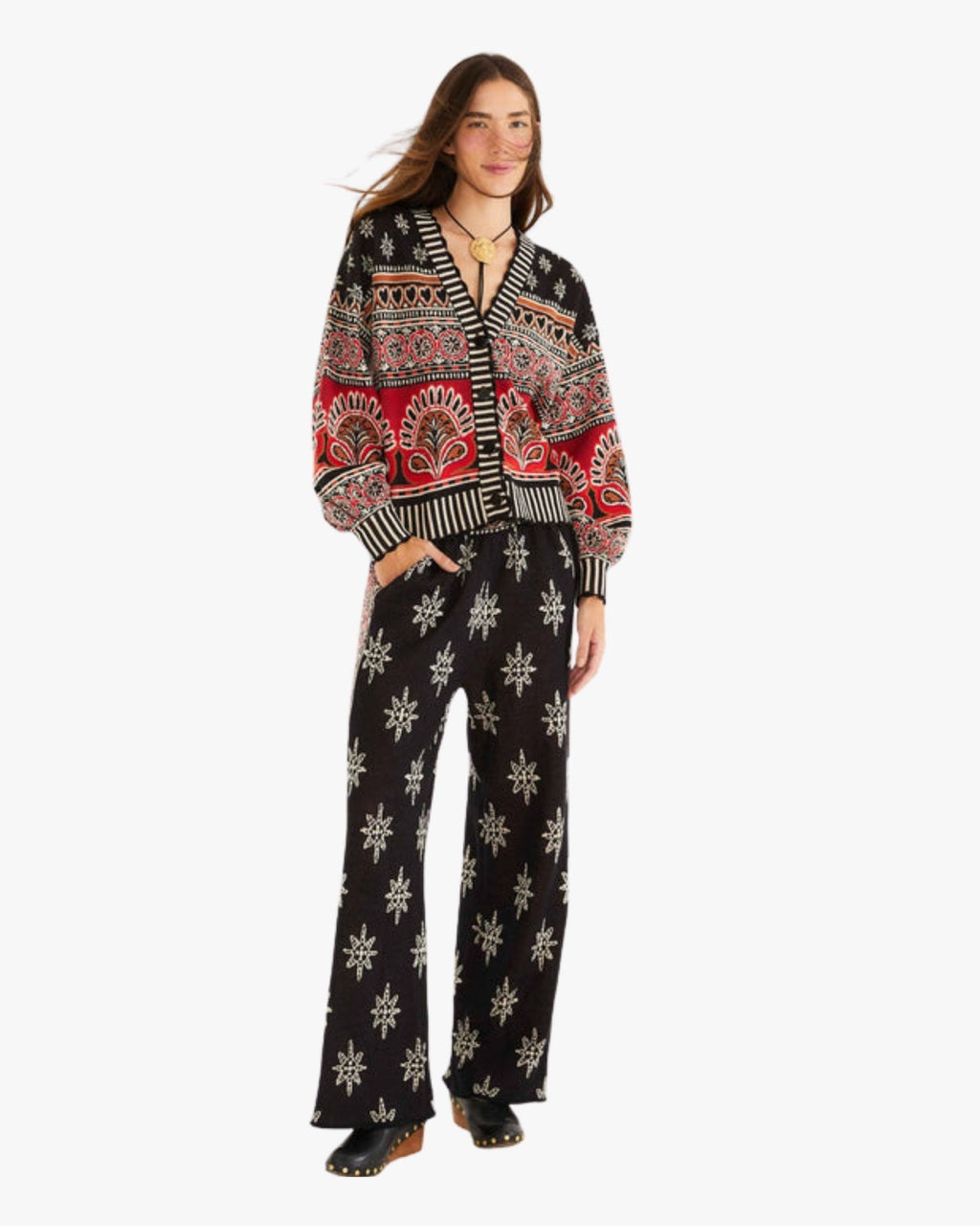 Patterned Knit Cardigan with Puffed Sleeves