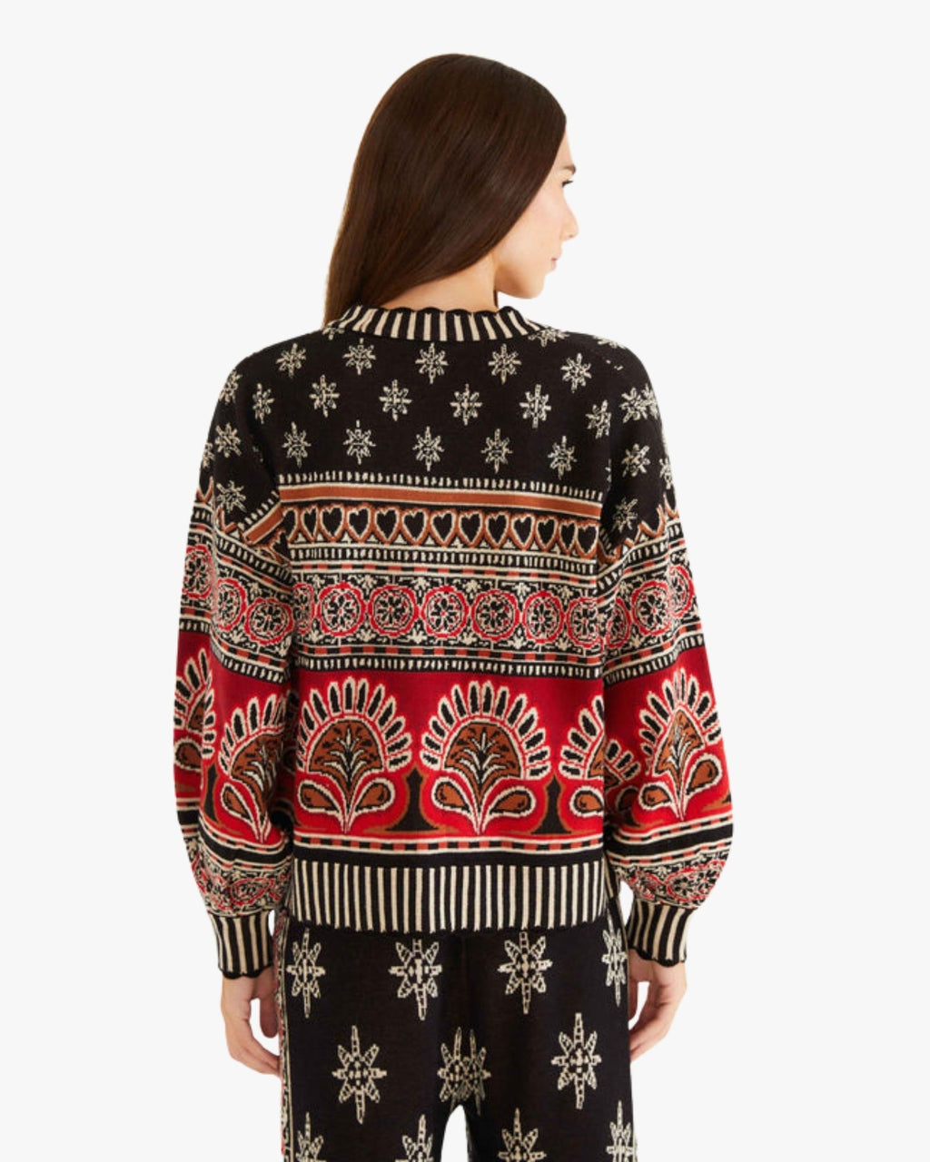 Patterned Knit Cardigan with Puffed Sleeves