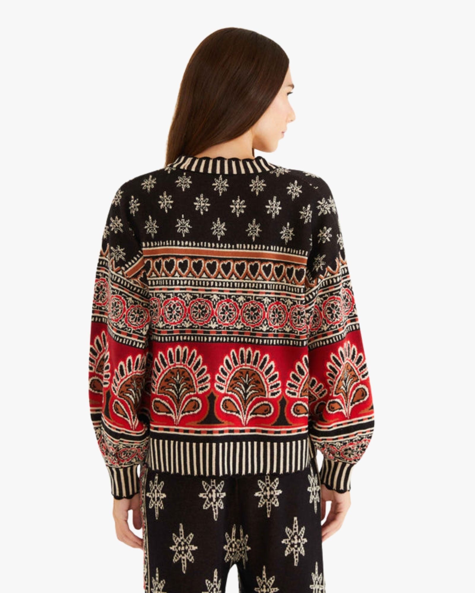 Patterned Knit Cardigan with Puffed Sleeves